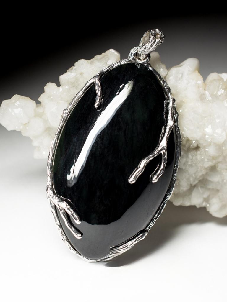 Große schwarze Jade Silber Anhänger Magischer Edelstein Vintage-Stil Nephrit Geschenkidee Frau für Damen oder Herren