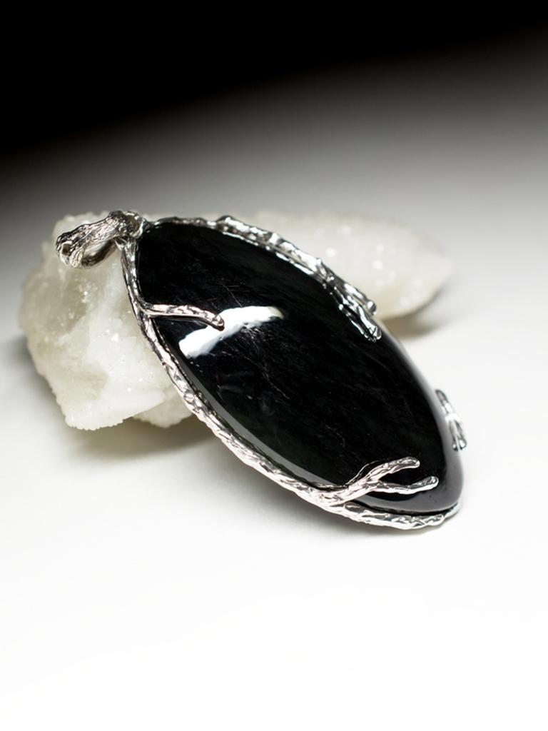 Große schwarze Jade Silber Anhänger Magischer Edelstein Vintage-Stil Nephrit Geschenkidee Frau 2