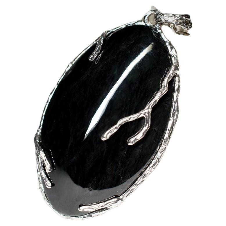 Large Black Jade Silver Pendant Magic Gem Vintage style Nephrite gift idea wife