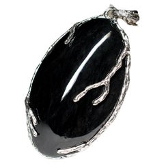 Large Black Jade Silver Pendant Magic Gem Vintage style Nephrite gift idea wife