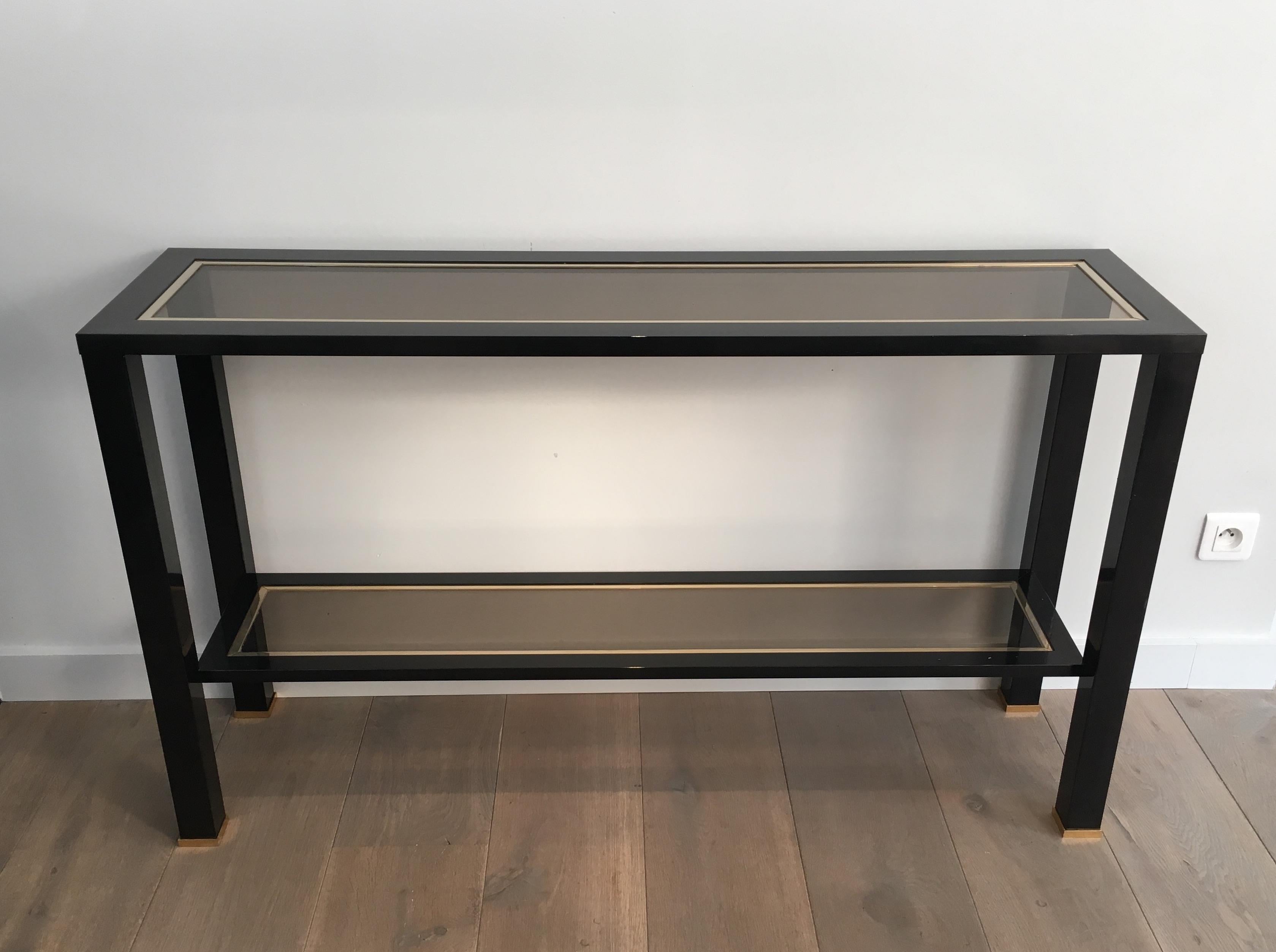 Large Black Lacquered and Brass Console Table, French, circa 1970 8