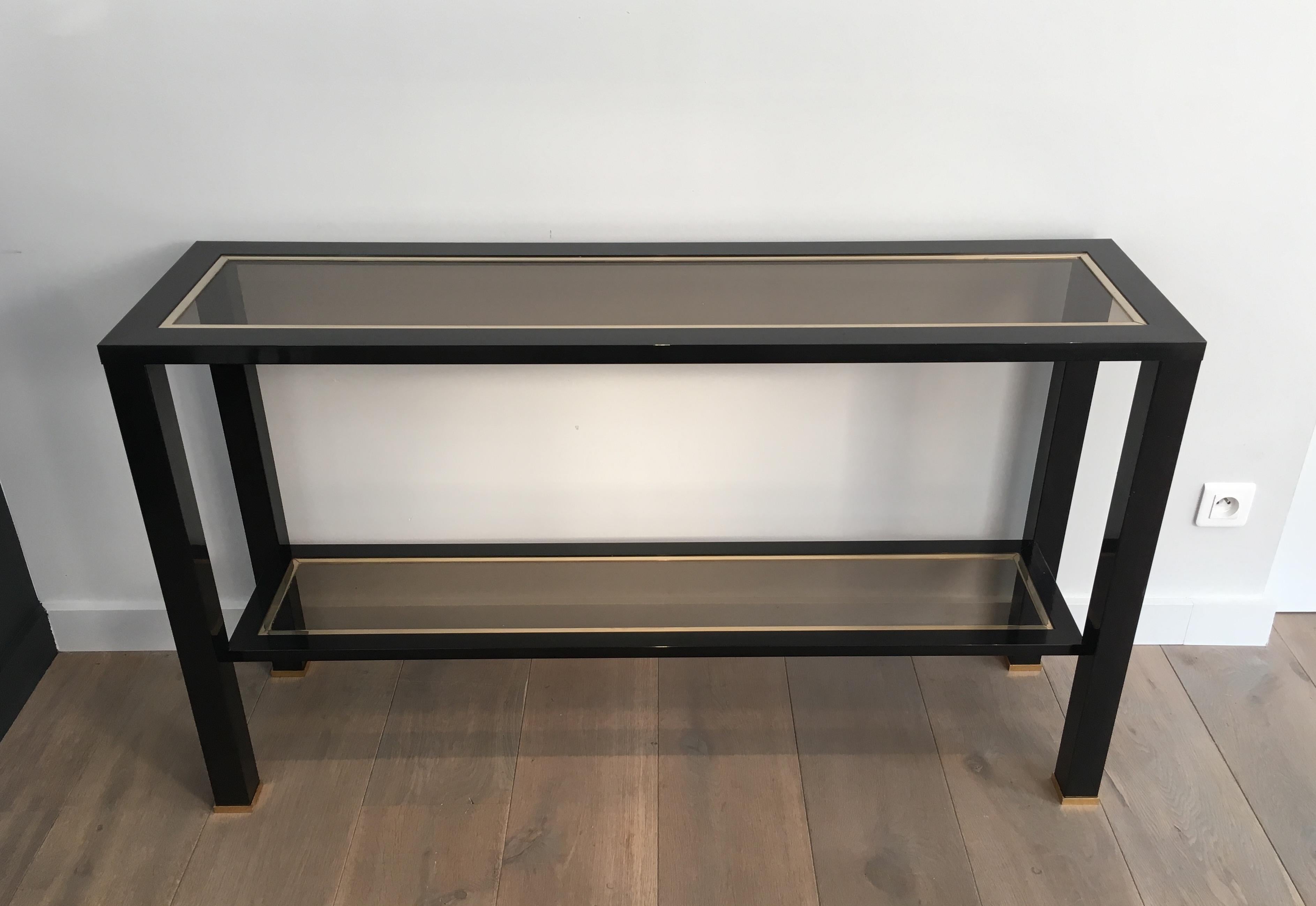 Large Black Lacquered and Brass Console Table, French, circa 1970 9