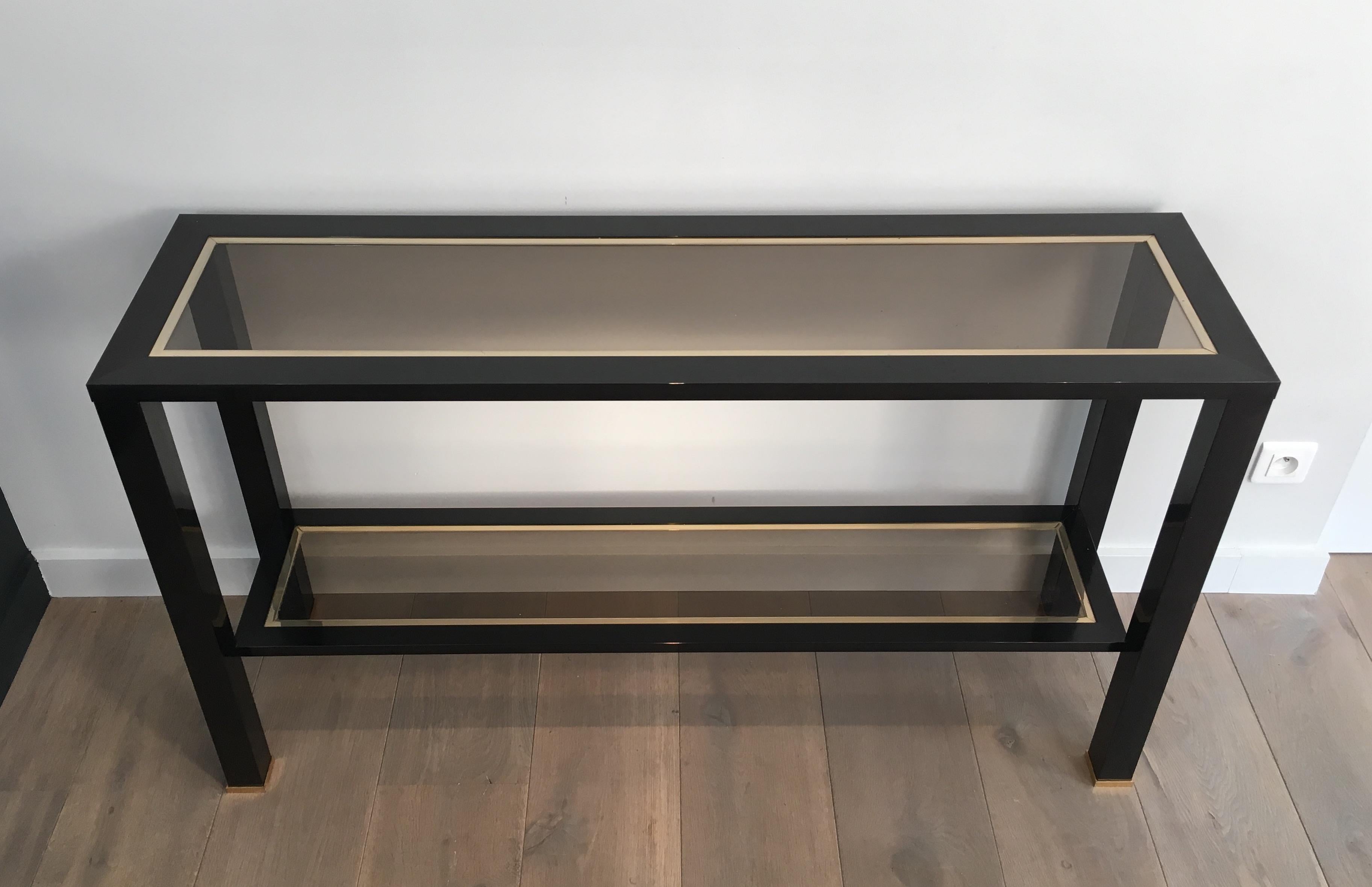 Large Black Lacquered and Brass Console Table, French, circa 1970 10