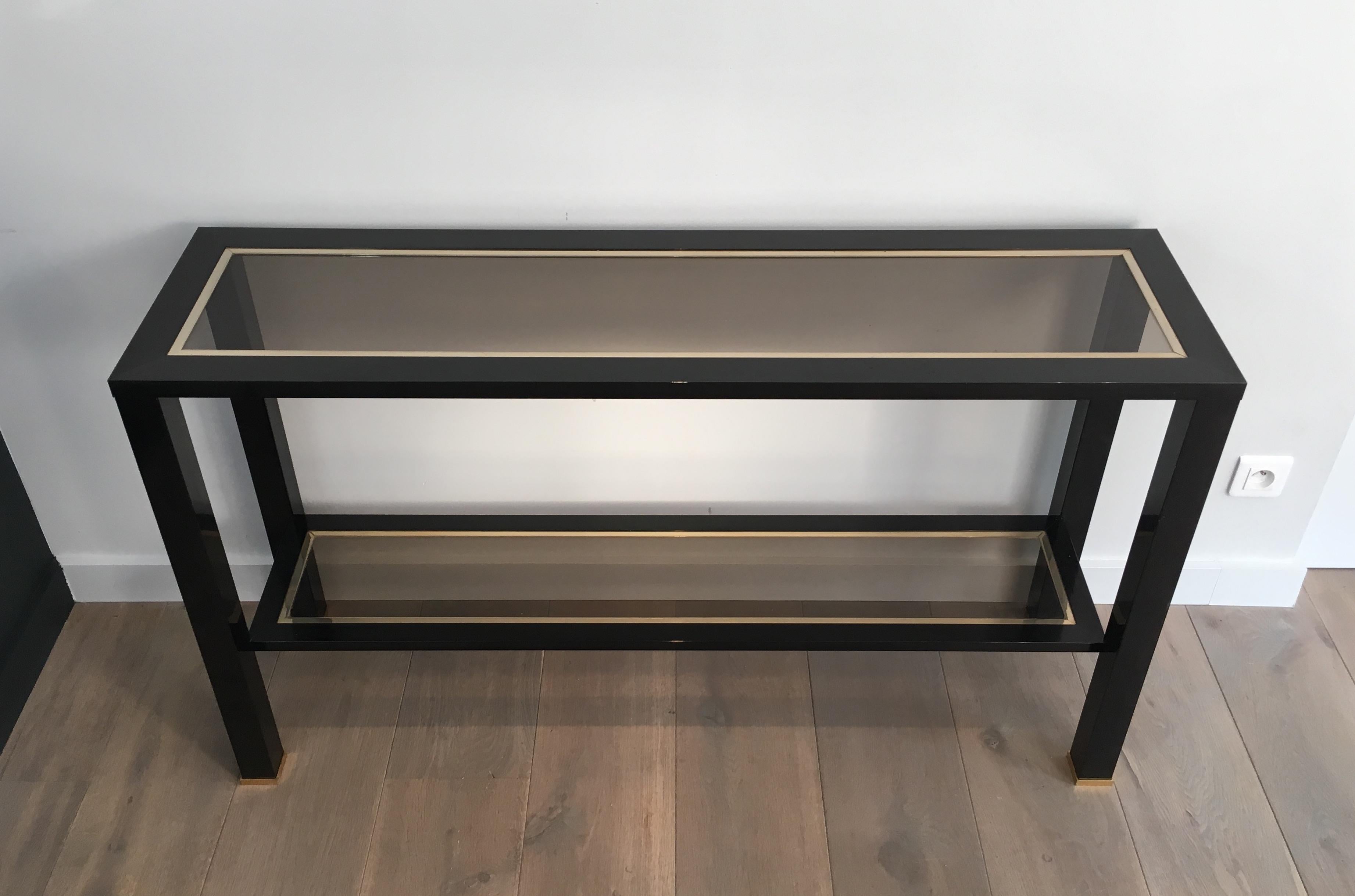 Mid-Century Modern Large Black Lacquered and Brass Console Table, French, circa 1970