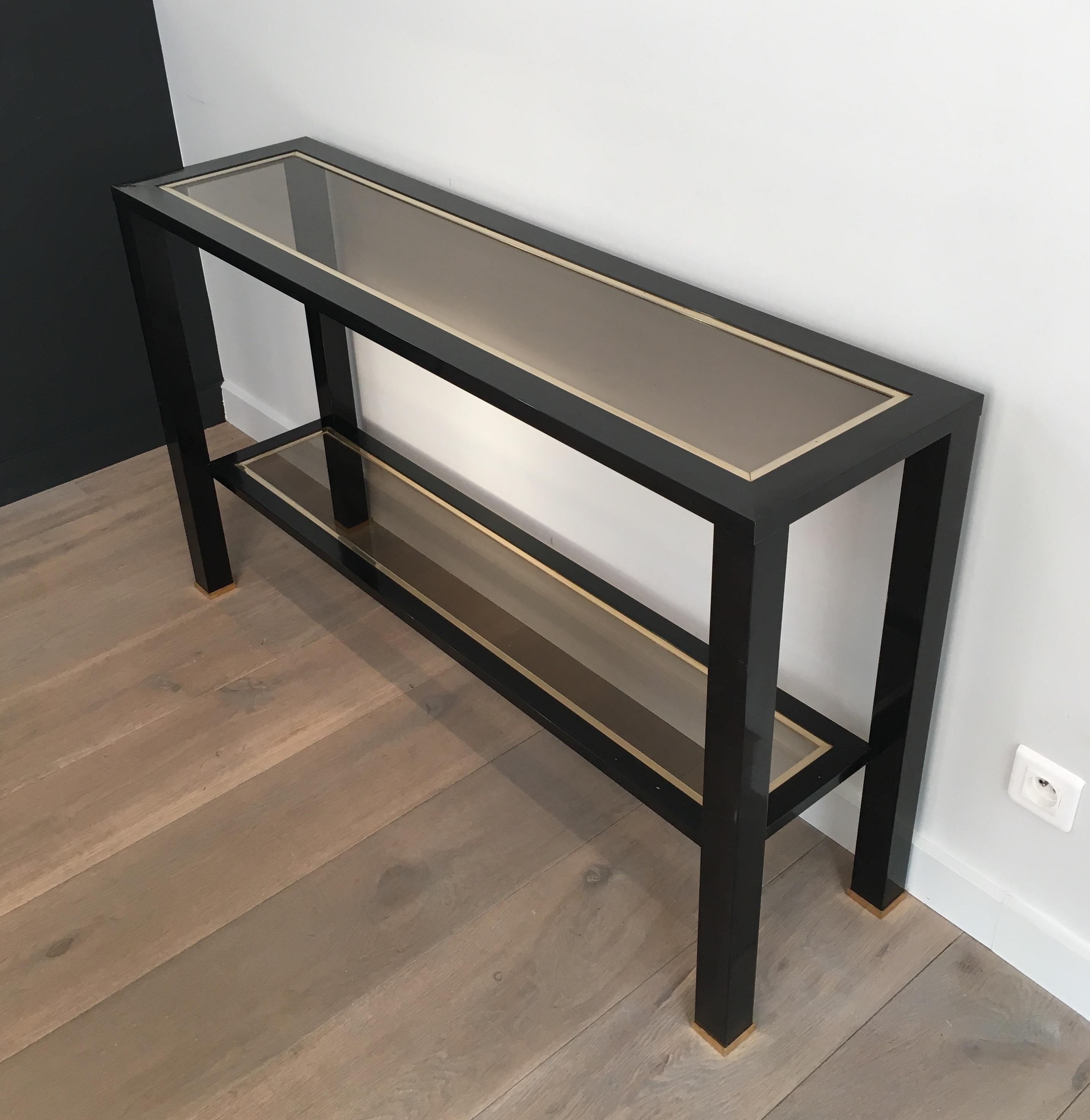 Large Black Lacquered and Brass Console Table, French, circa 1970 In Good Condition In Marcq-en-Barœul, Hauts-de-France