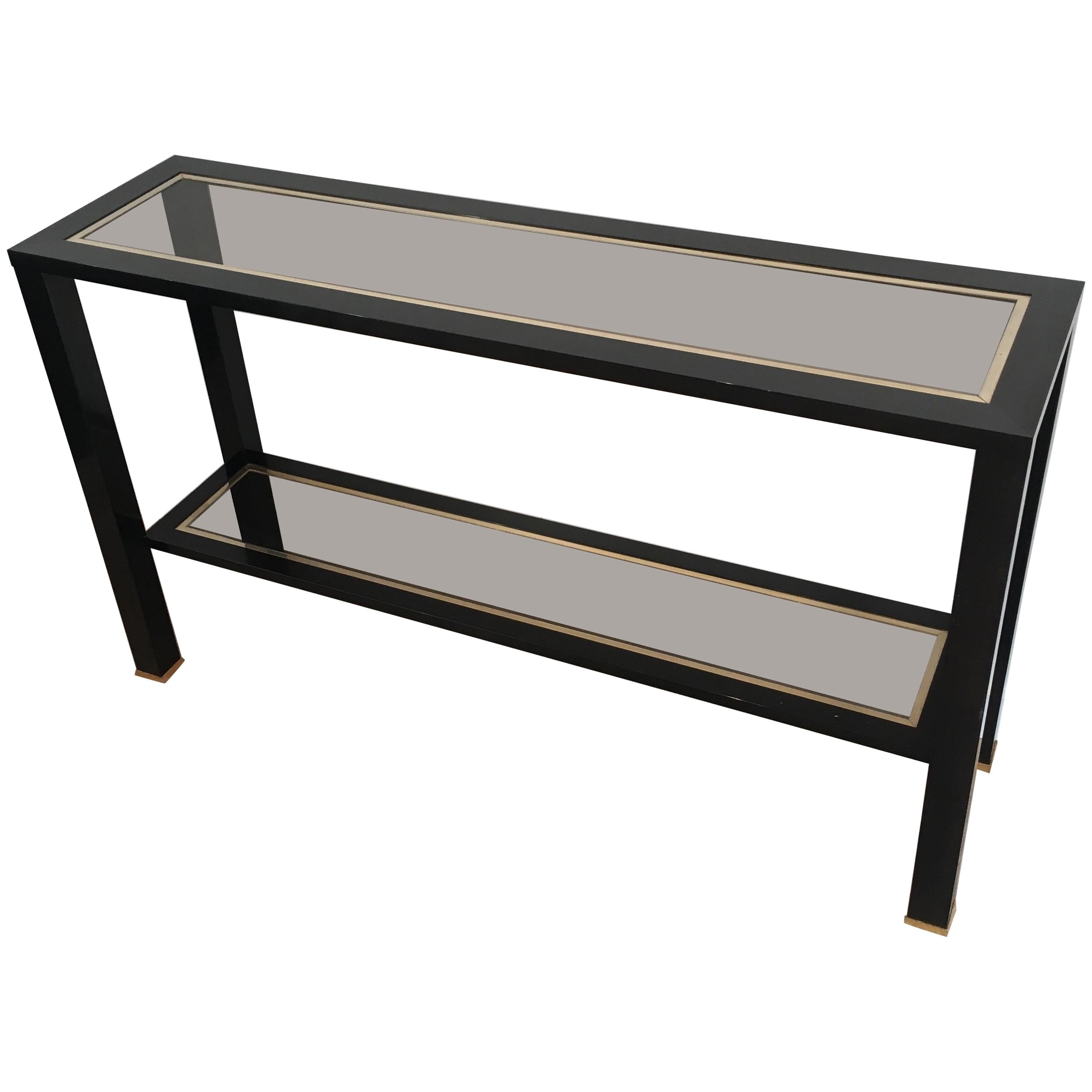 Large Black Lacquered and Brass Console Table, French, circa 1970