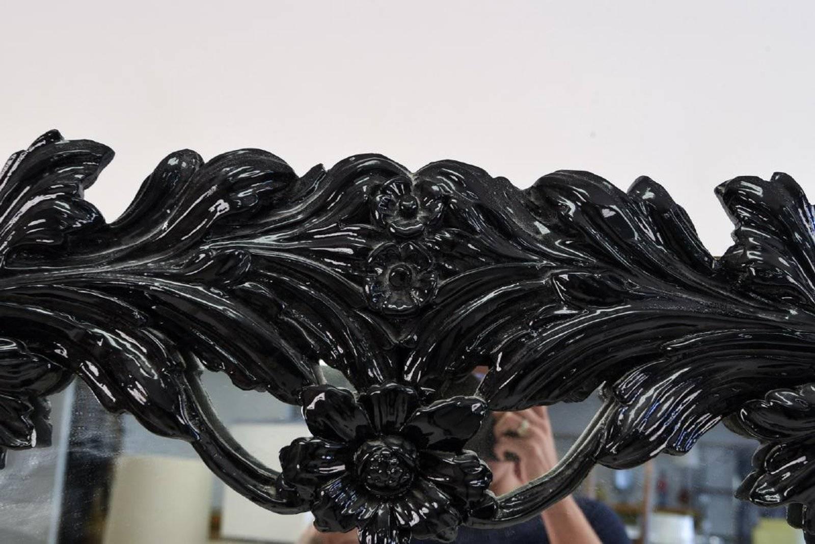 20th Century Large Black Lacquered Hollywood Regency Style Mirror For Sale