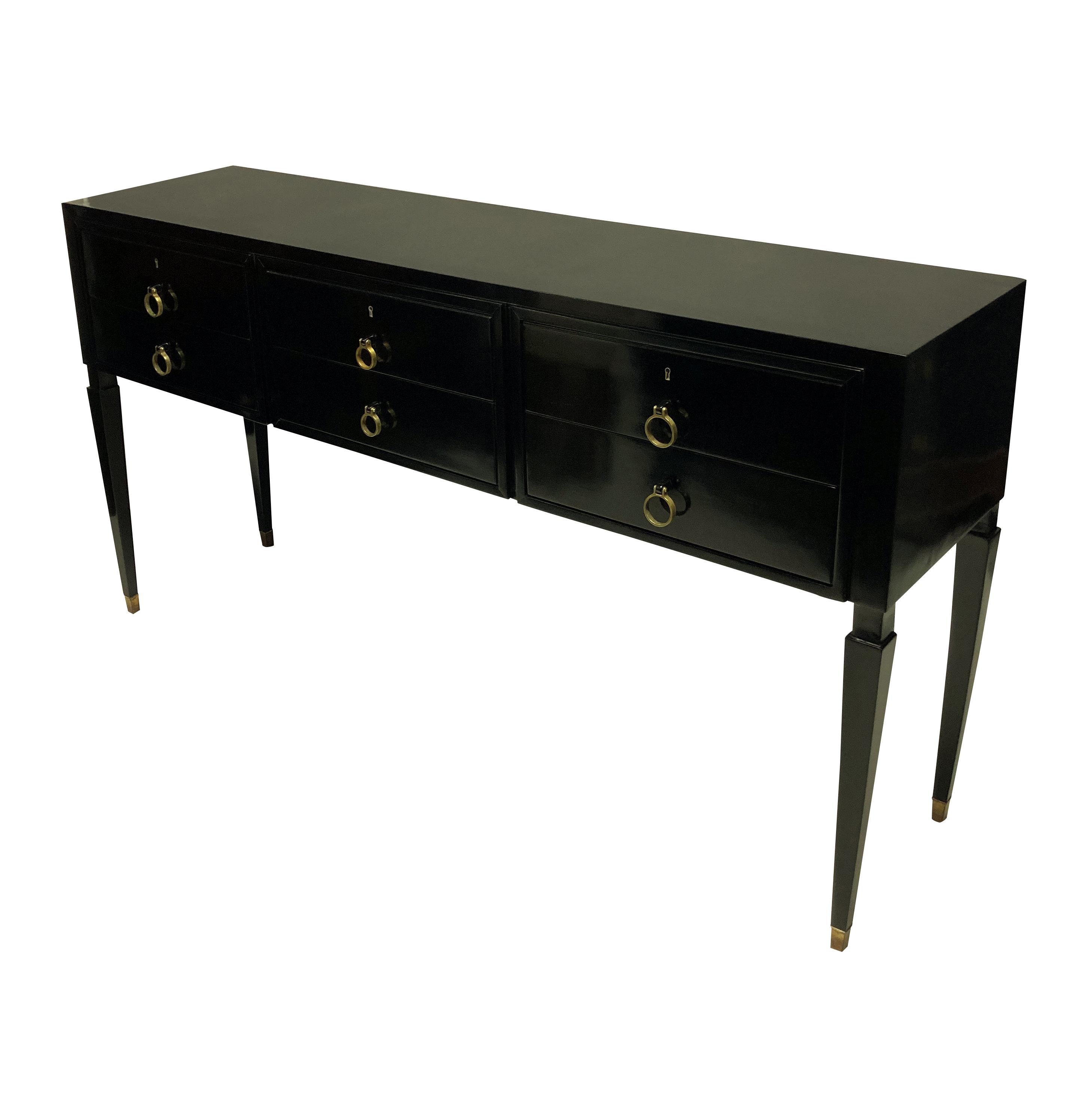 Ebonized Large Black Lacquered Paolo Buffa Six Drawer Console