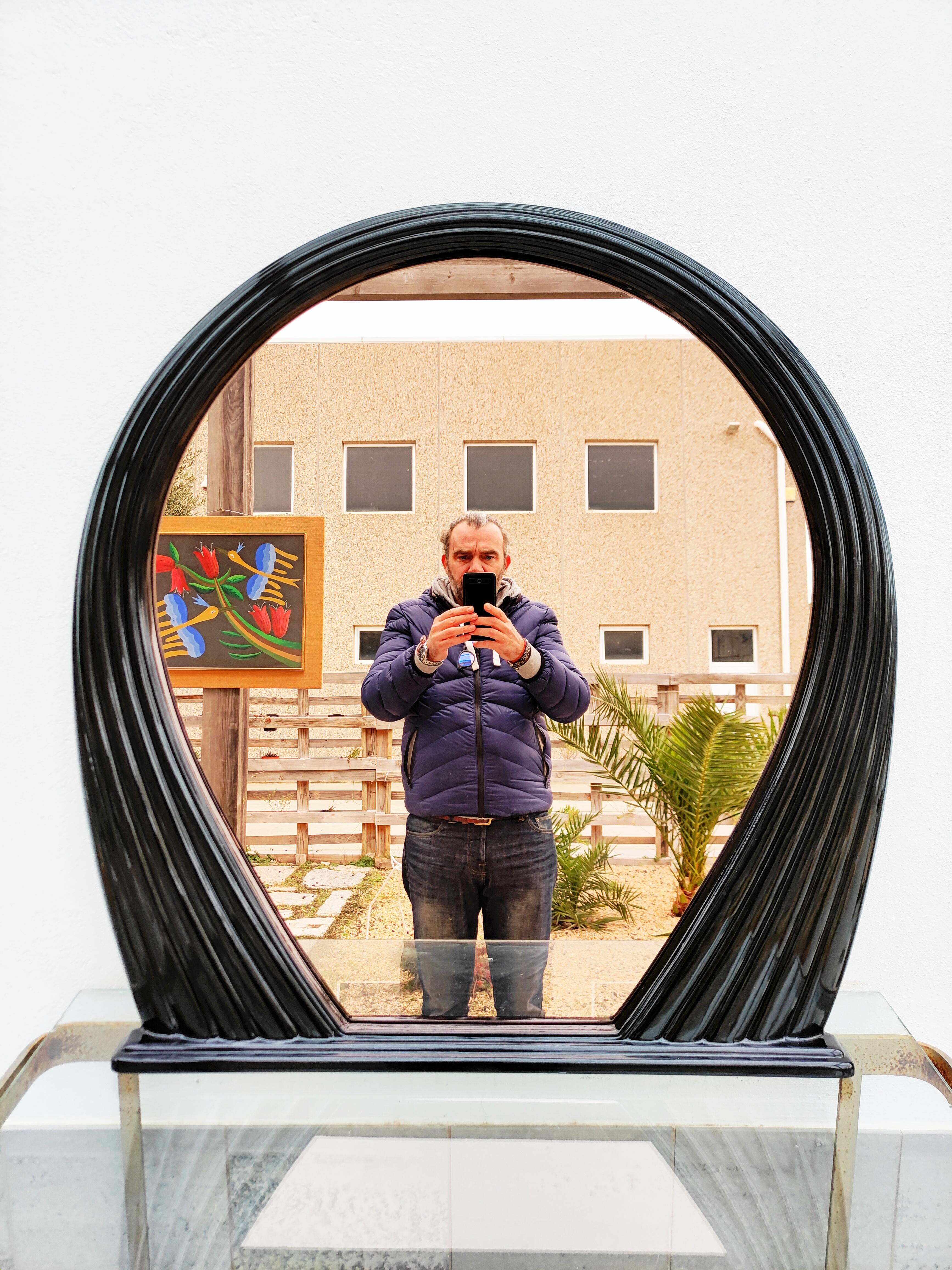 Large Black Lacquered Mirror, France, 1970s 4