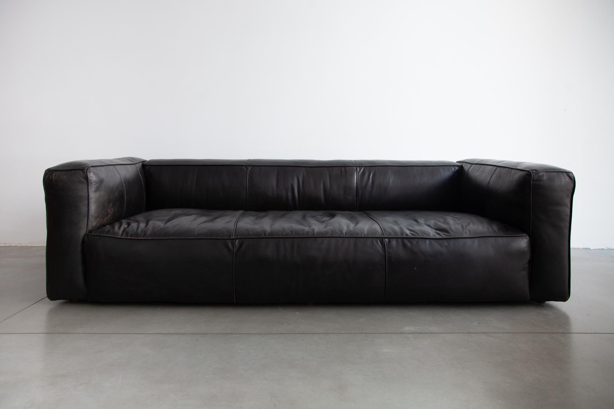 Mid-Century Modern Large Black Leather Lounge Sofa, Daybed, 1980s