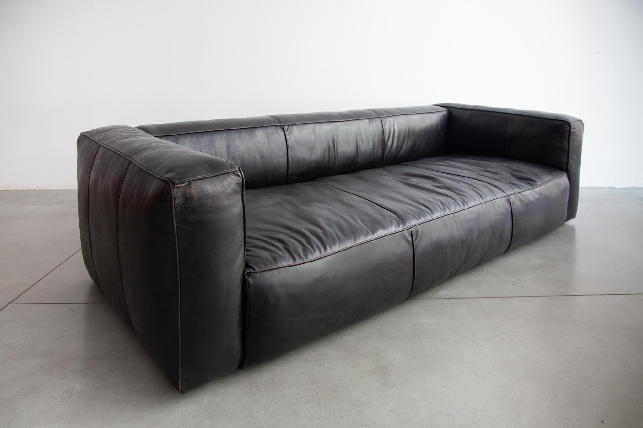 Swiss Large Black Leather Lounge Sofa, Daybed, 1980s