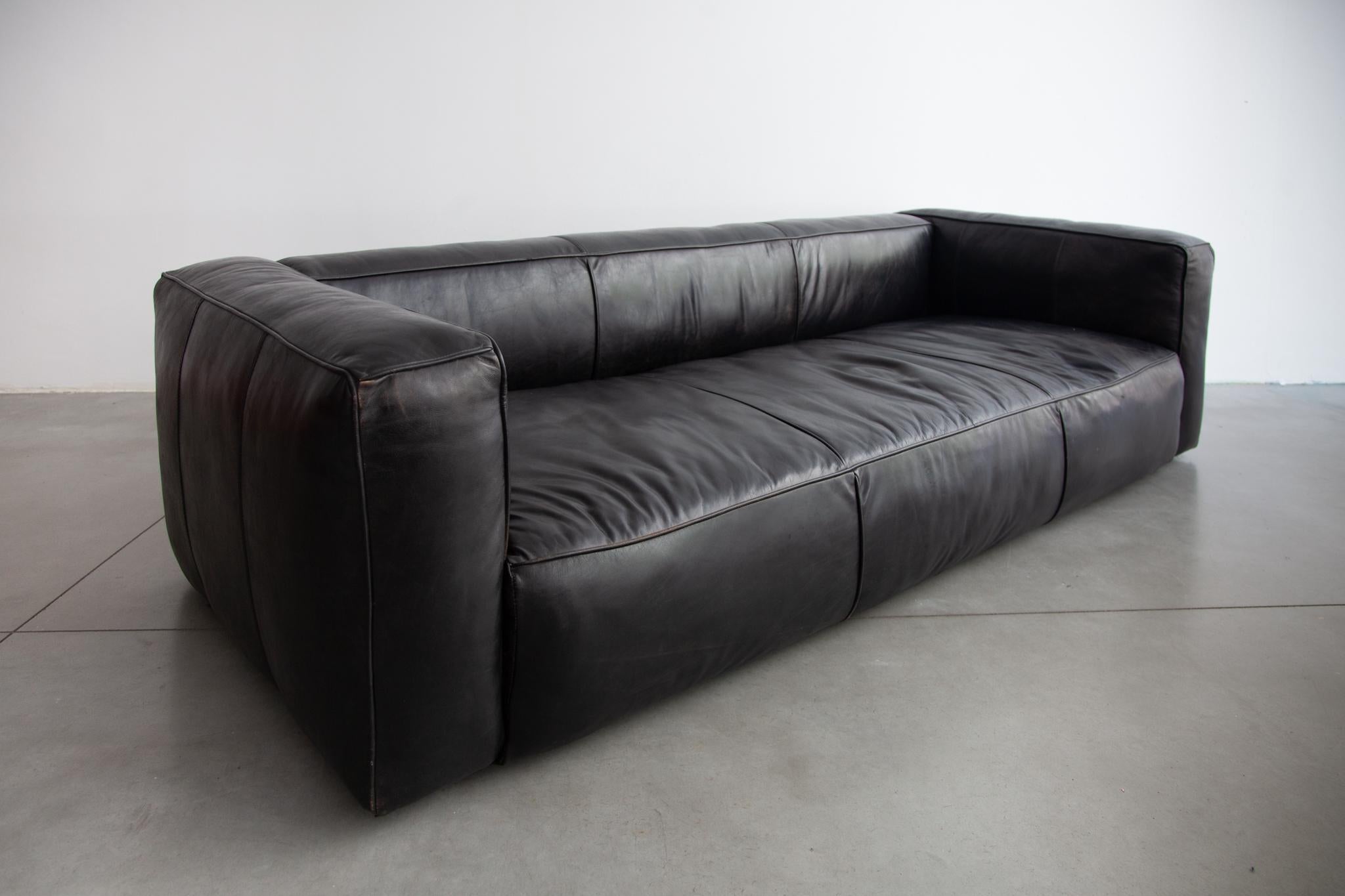 Hand-Crafted Large Black Leather Lounge Sofa, Daybed, 1980s