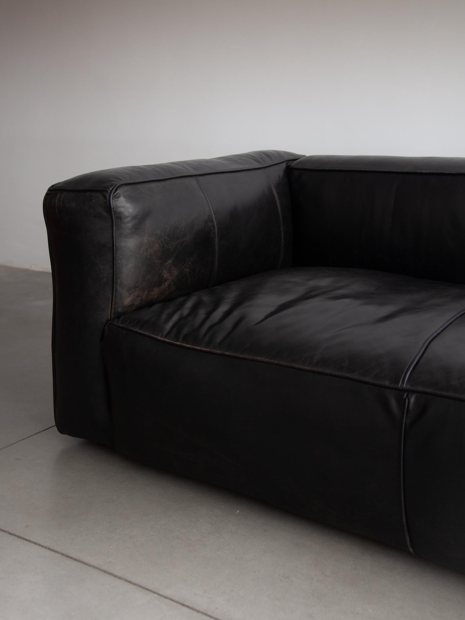 Large Black Leather Lounge Sofa, Daybed, 1980s 1
