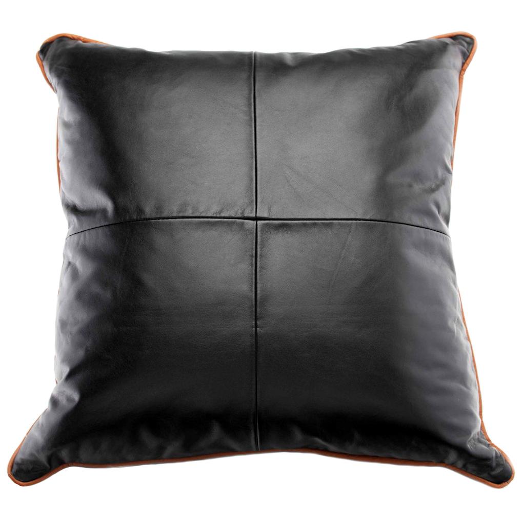 Large Black Leather Pillow with Leather Piping Trim