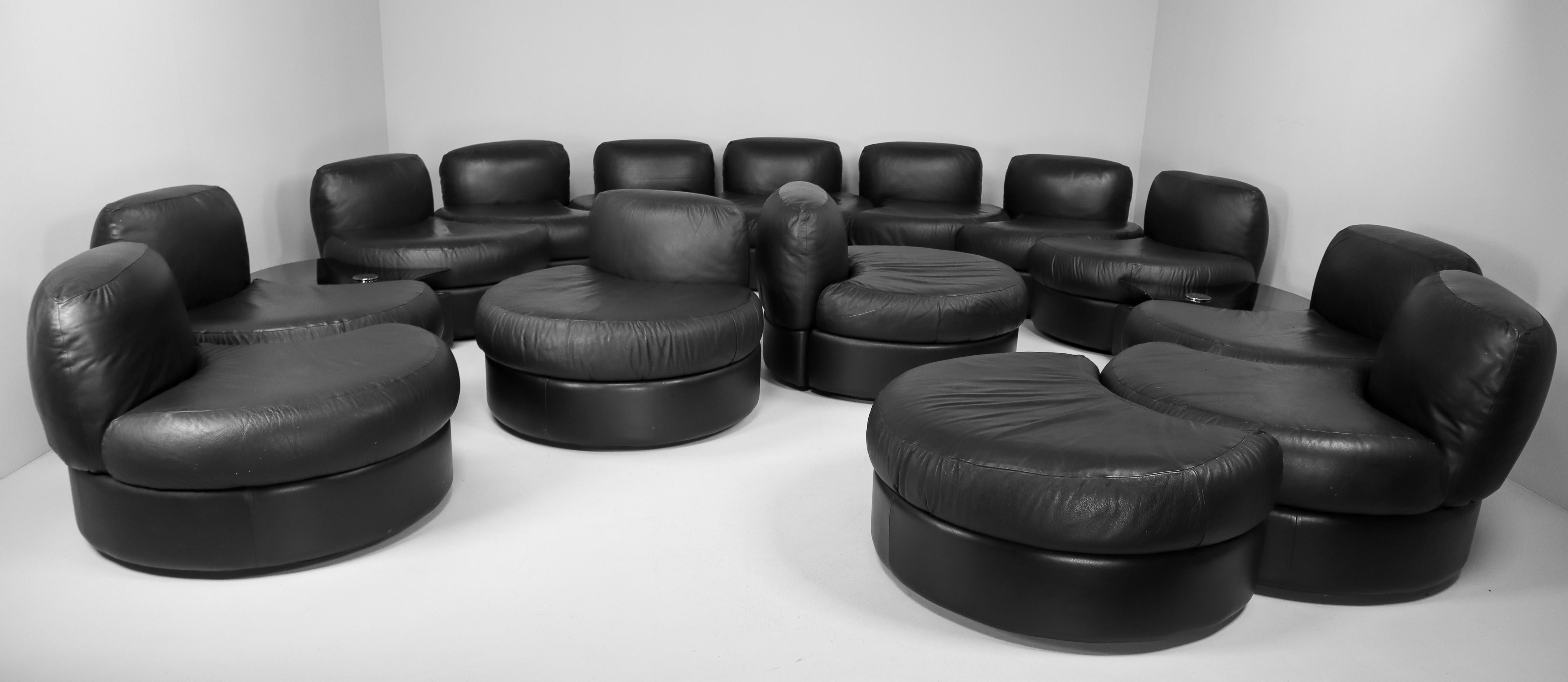 Large Black Leather Sectional Sofa Set by Tecnosalotto Mantova, Italy, 1970s 3