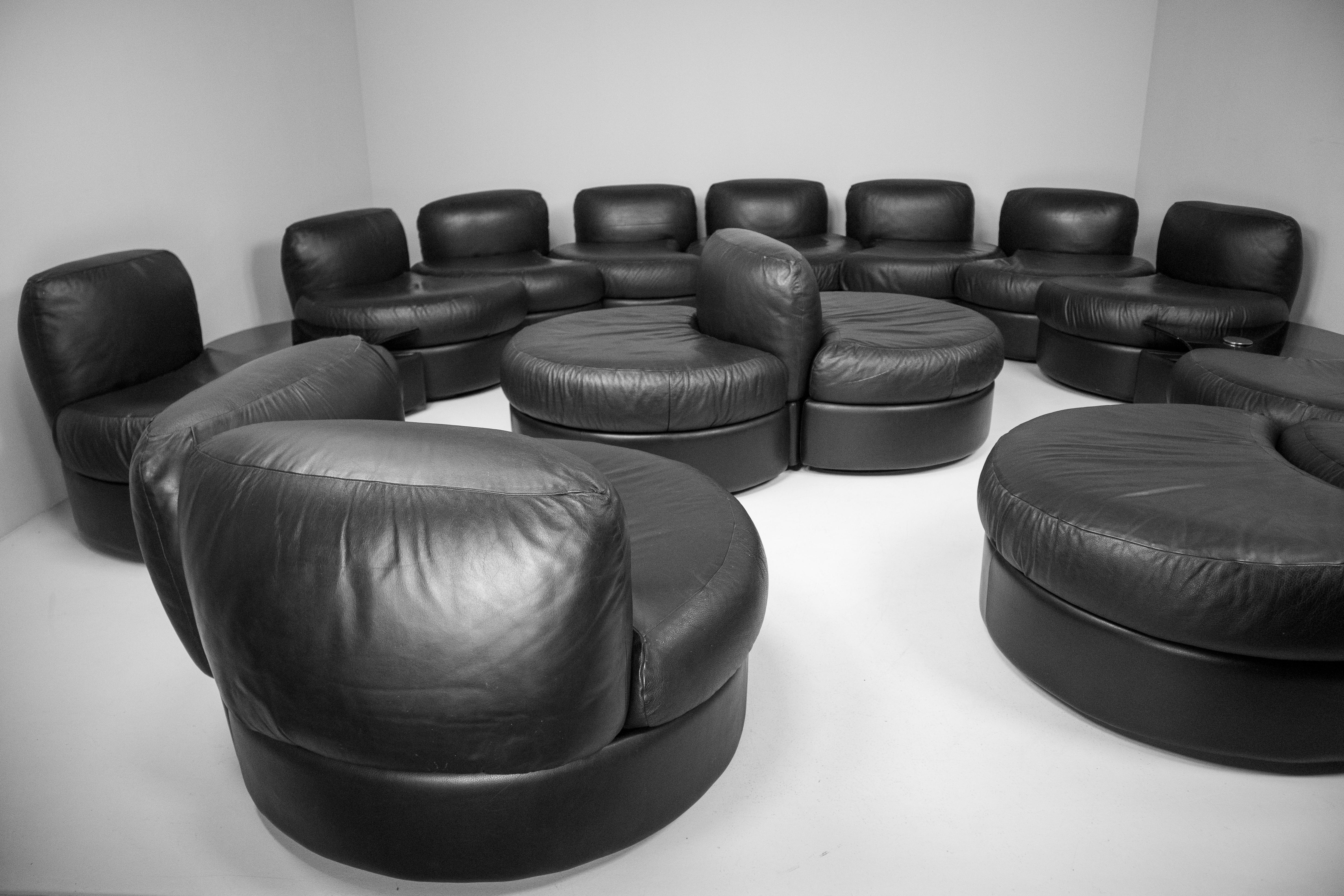 Large Black Leather Sectional Sofa Set by Tecnosalotto Mantova, Italy, 1970s 6