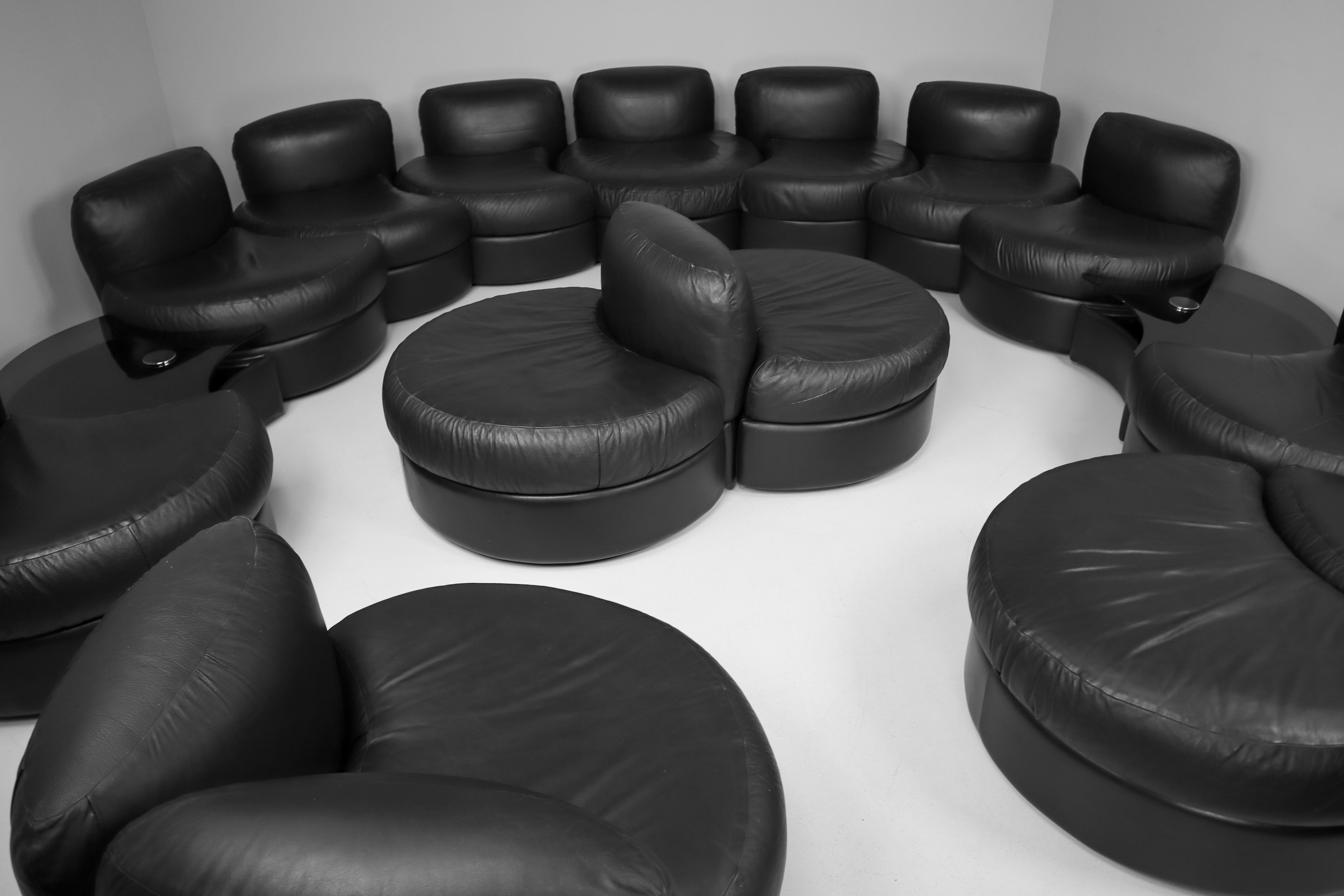 Large Black Leather Sectional Sofa Set by Tecnosalotto Mantova, Italy, 1970s 10