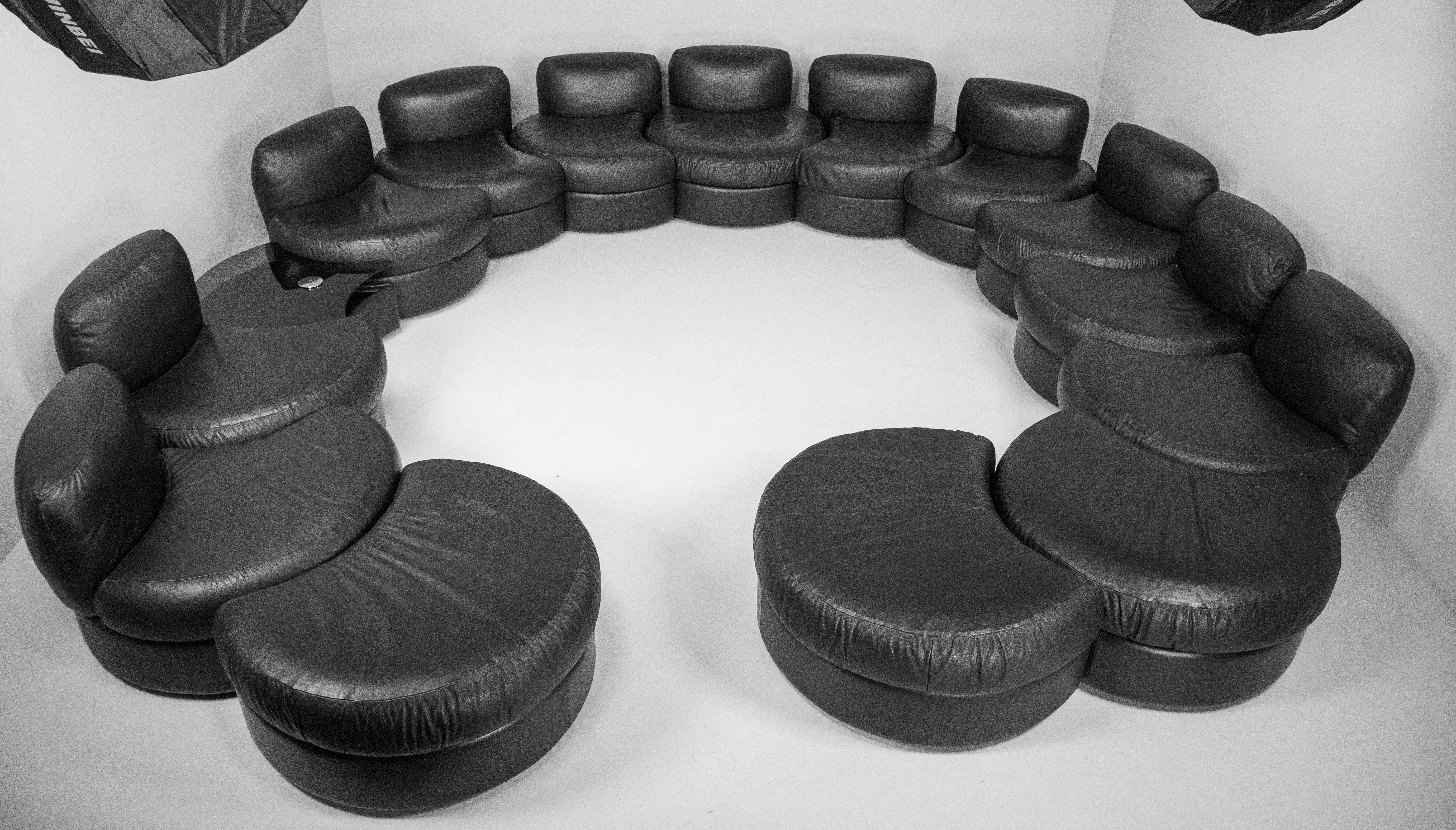 Italian Large Black Leather Sectional Sofa Set by Tecnosalotto Mantova, Italy, 1970s