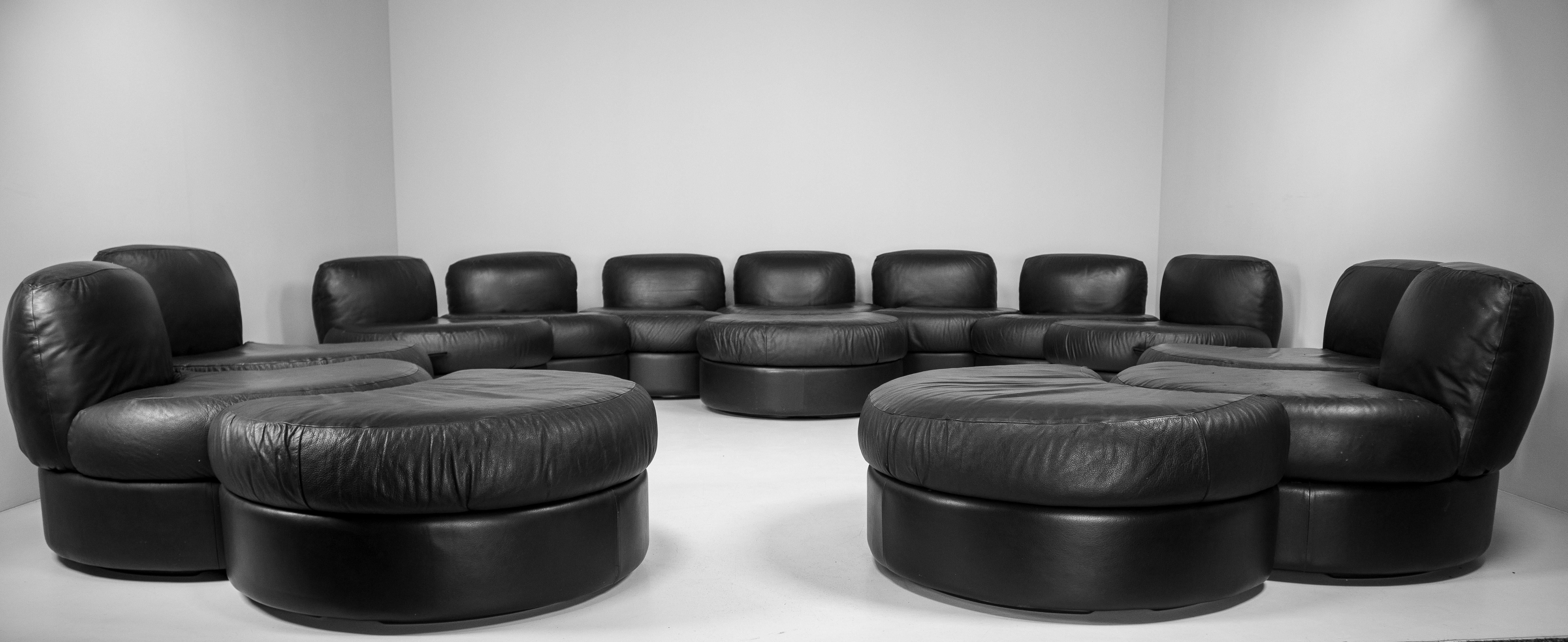Large Black Leather Sectional Sofa Set by Tecnosalotto Mantova, Italy, 1970s 1