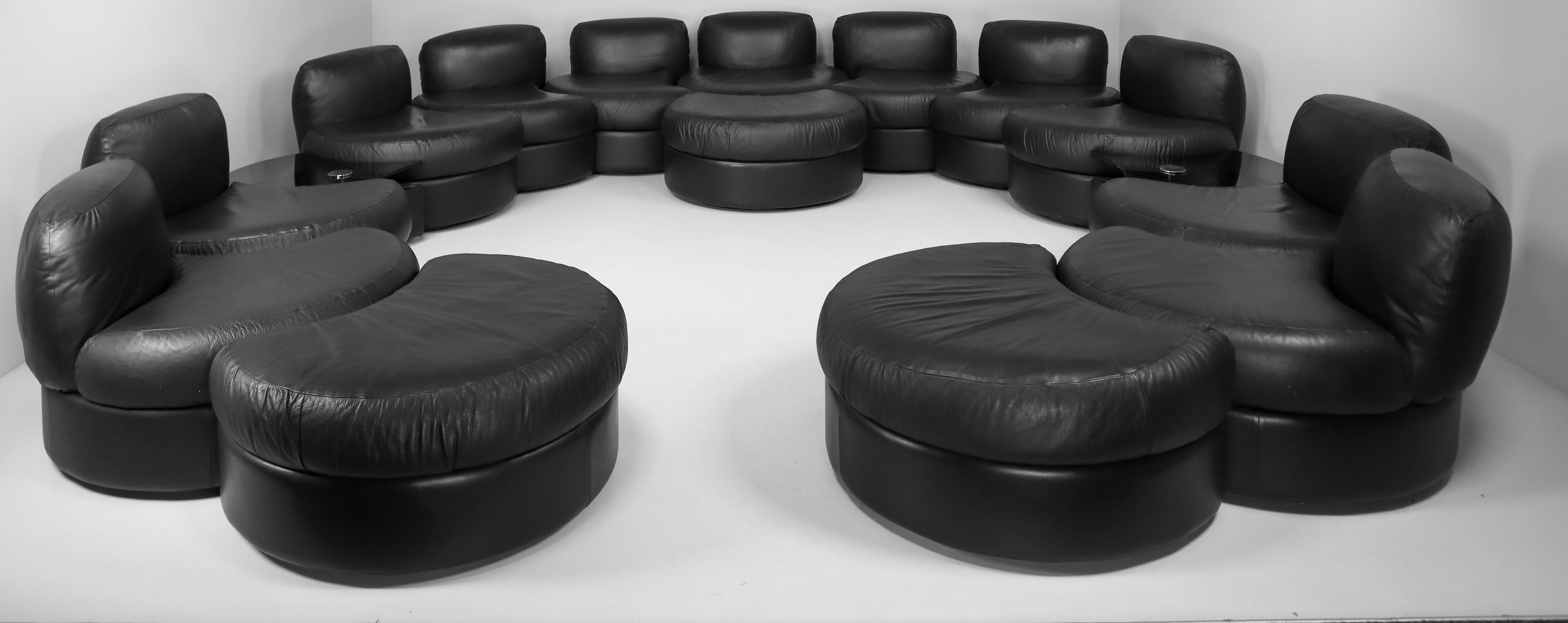 Large Black Leather Sectional Sofa Set by Tecnosalotto Mantova, Italy, 1970s 2