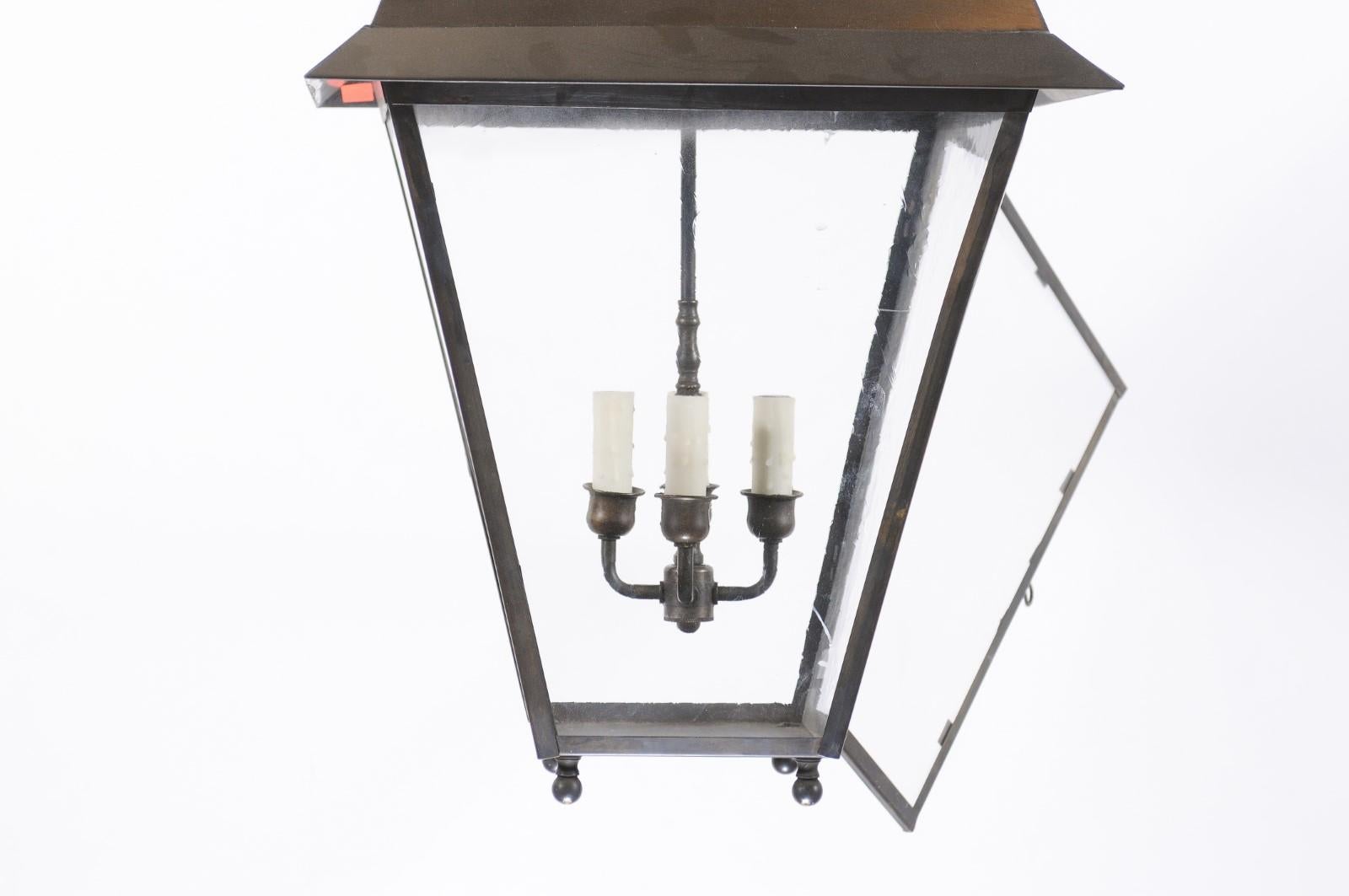 Large Black Metal Lantern with 4 Lights & Old Glass, 20th Century For Sale 8