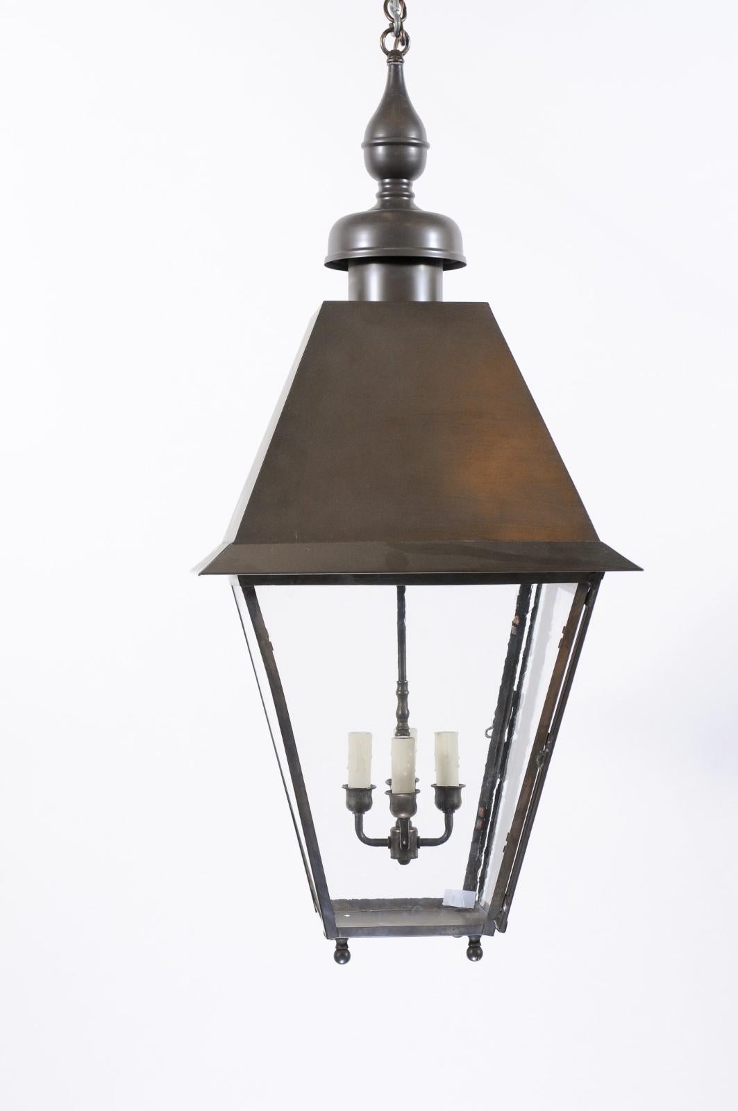 Grande lanterne en métal noir avec 4 Lights et verre ancien, 20ème siècle en vente 7