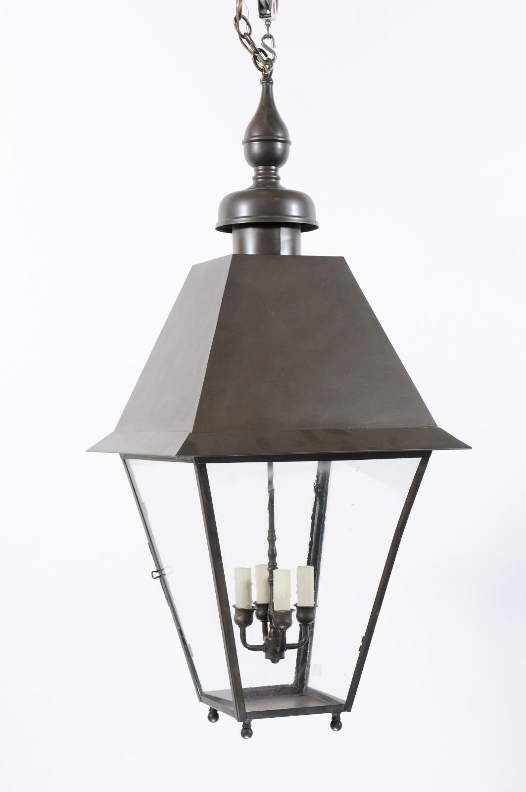 Grande lanterne en métal noir avec 4 Lights et verre ancien, 20ème siècle en vente 8