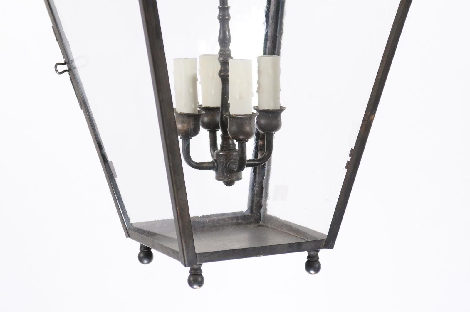 Large Black Metal Lantern with 4 Lights & Old Glass, 20th Century For Sale 3