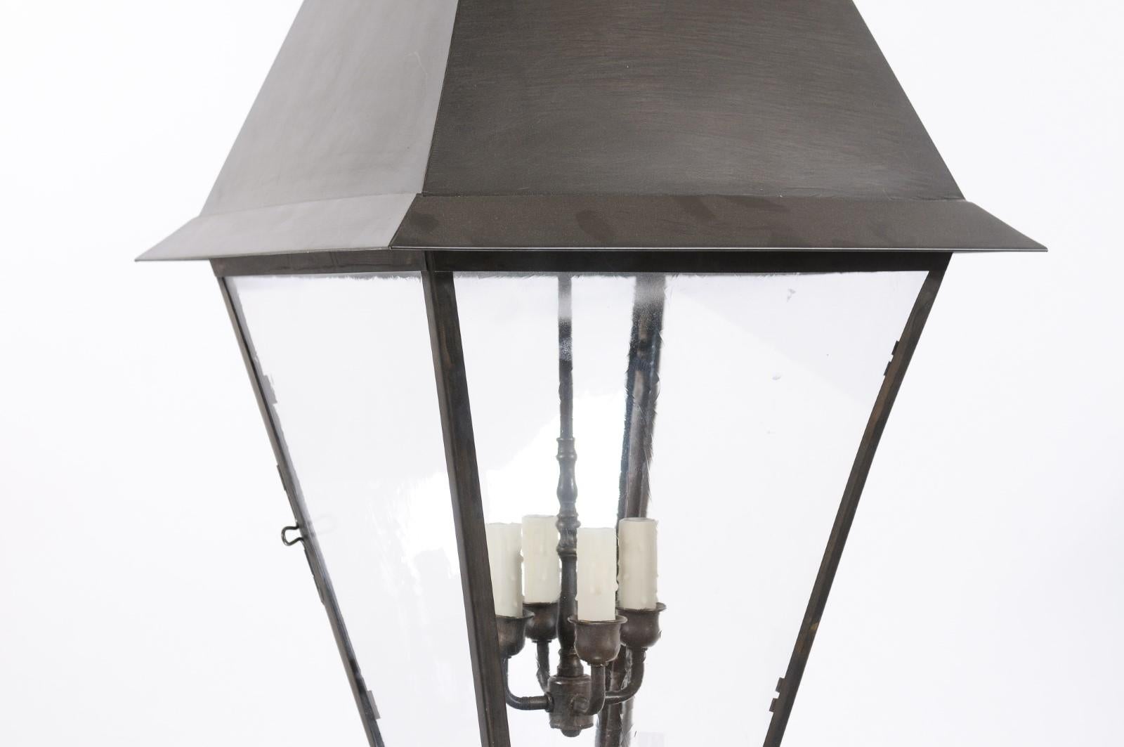 Large Black Metal Lantern with 4 Lights & Old Glass, 20th Century For Sale 4