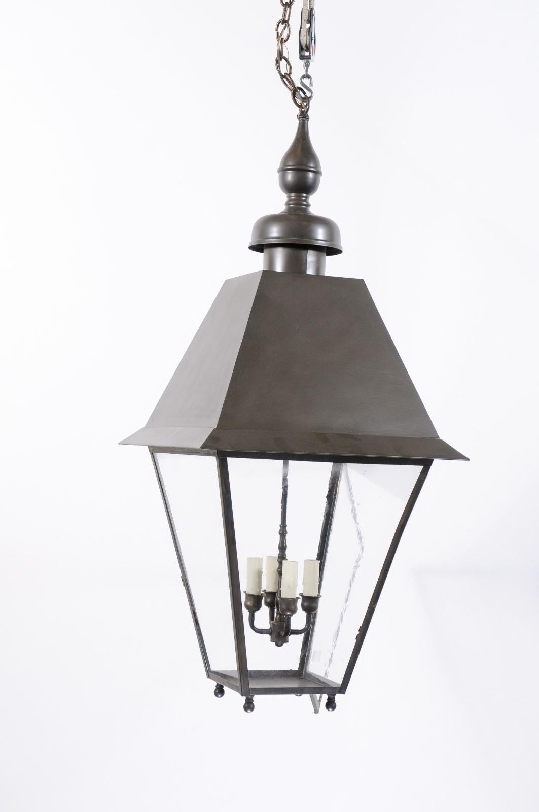 Large Black Metal Lantern with 4 Lights & Old Glass, 20th Century For Sale 6