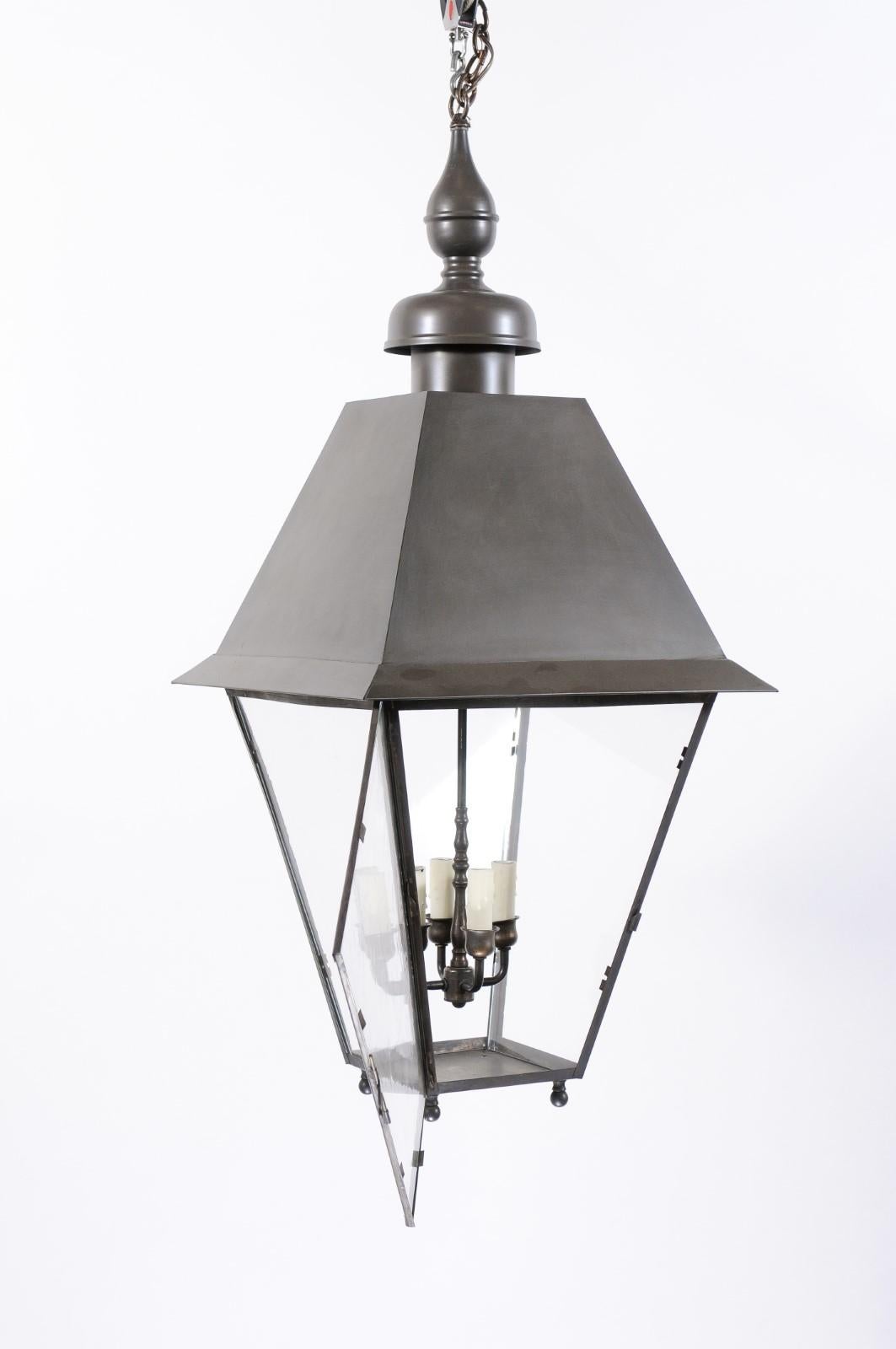 Grande lanterne en métal noir avec 4 Lights et verre ancien, 20ème siècle en vente 5