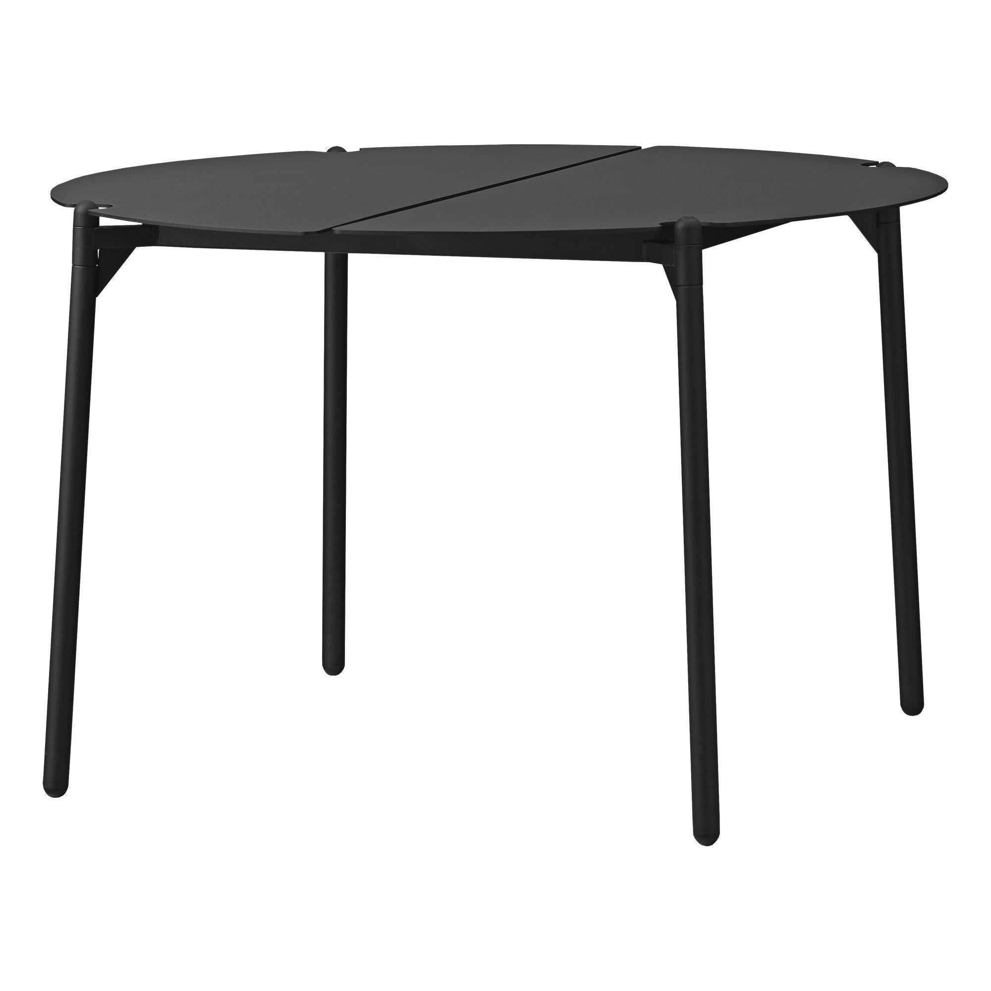 Large black Minimalist lounge table
Dimensions: Diameter 70 x Height 45 cm 
Materials: Steel w. Matte powder coating & aluminum w. Matte powder coating.
Available in colors: Taupe, bordeaux, forest, ginger bread, black and, black and