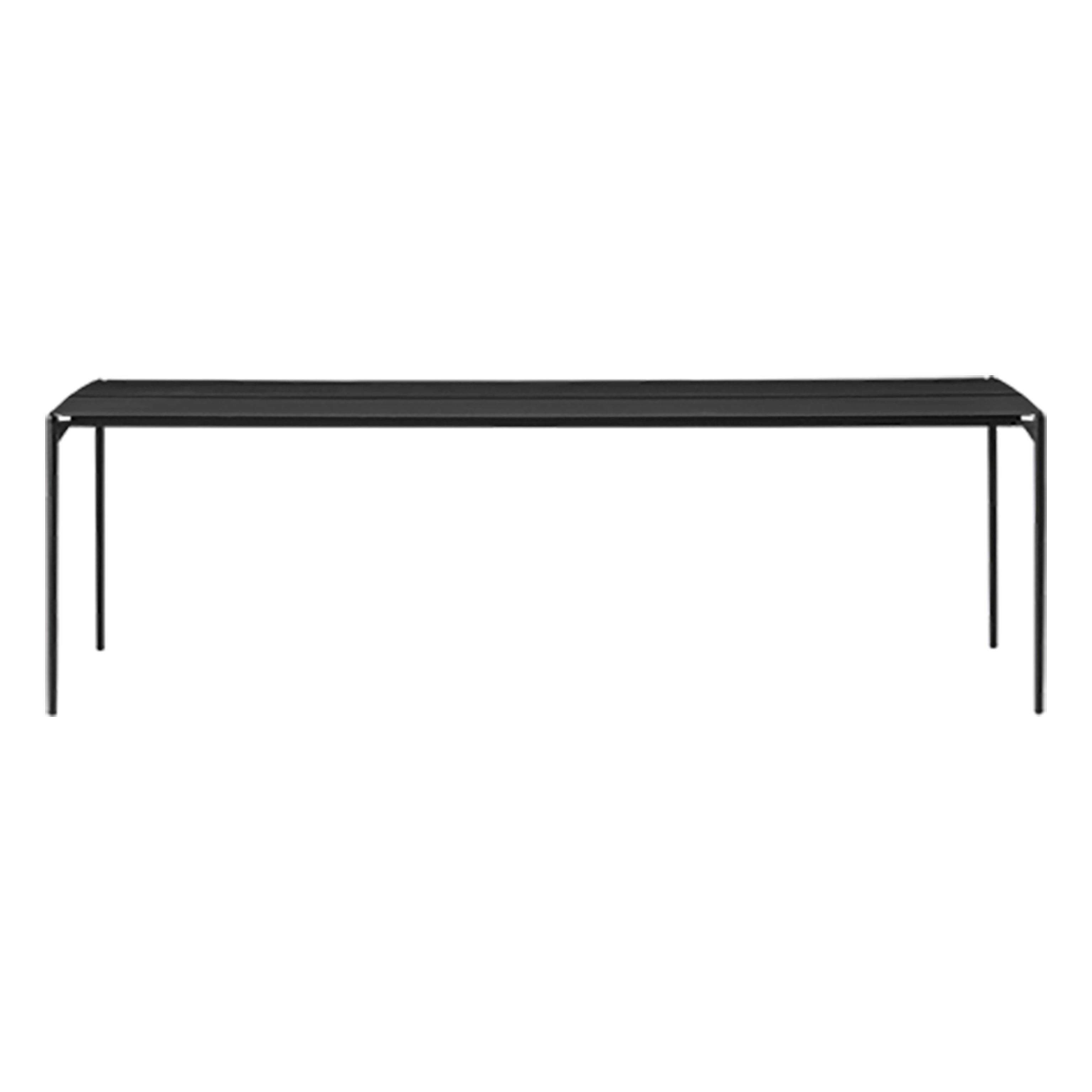 Large Black Minimalist table
Dimensions: D 240 x W 90 x H 72 cm 
Materials: Steel w. Matte Powder Coating & Aluminum w. Matte Powder Coating.
Available in colors: Taupe, Bordeaux, Forest, Ginger Bread, Black and, Black and Gold.


Bring elegance