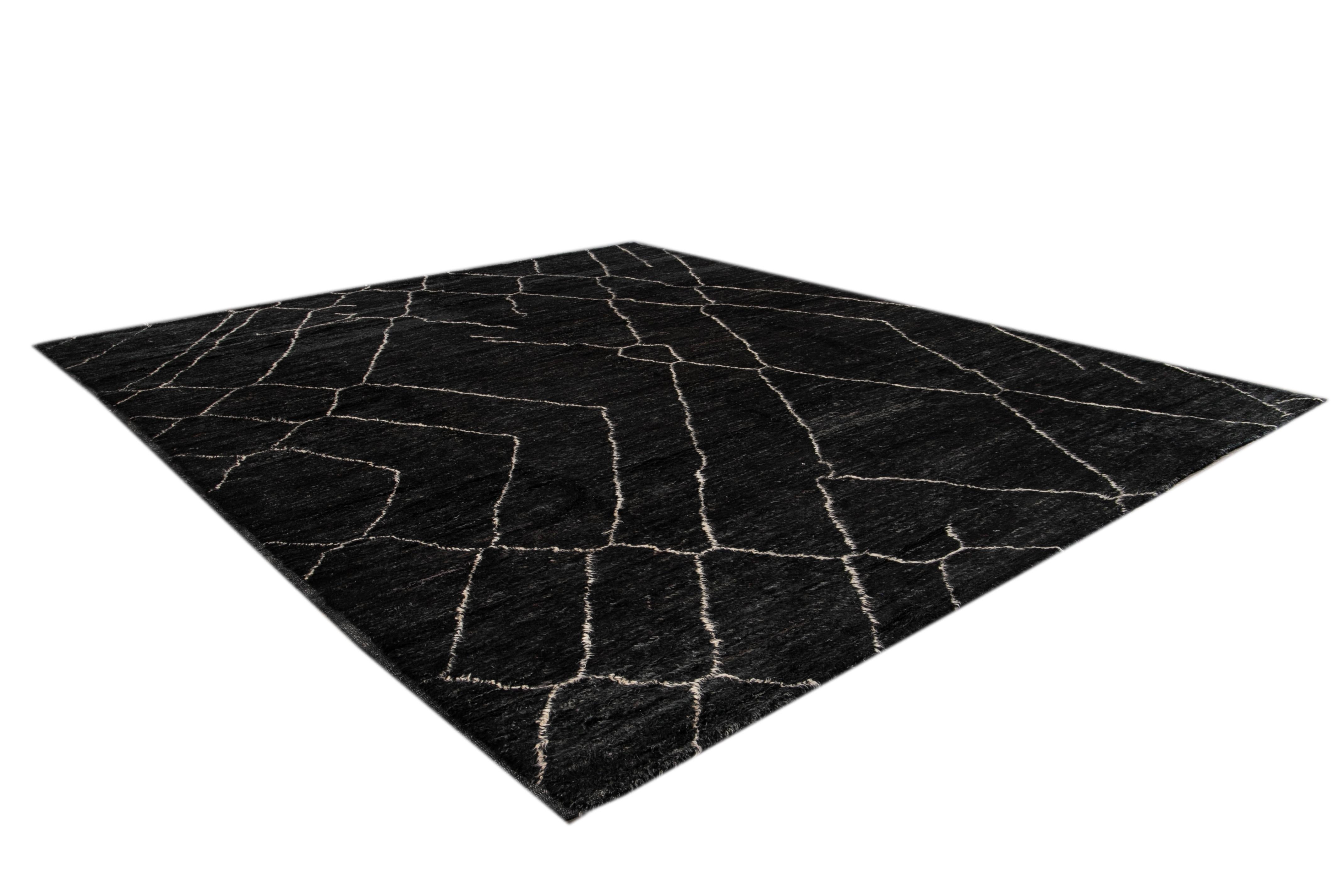Large Black Modern Moroccan Style Wool Rug For Sale 5