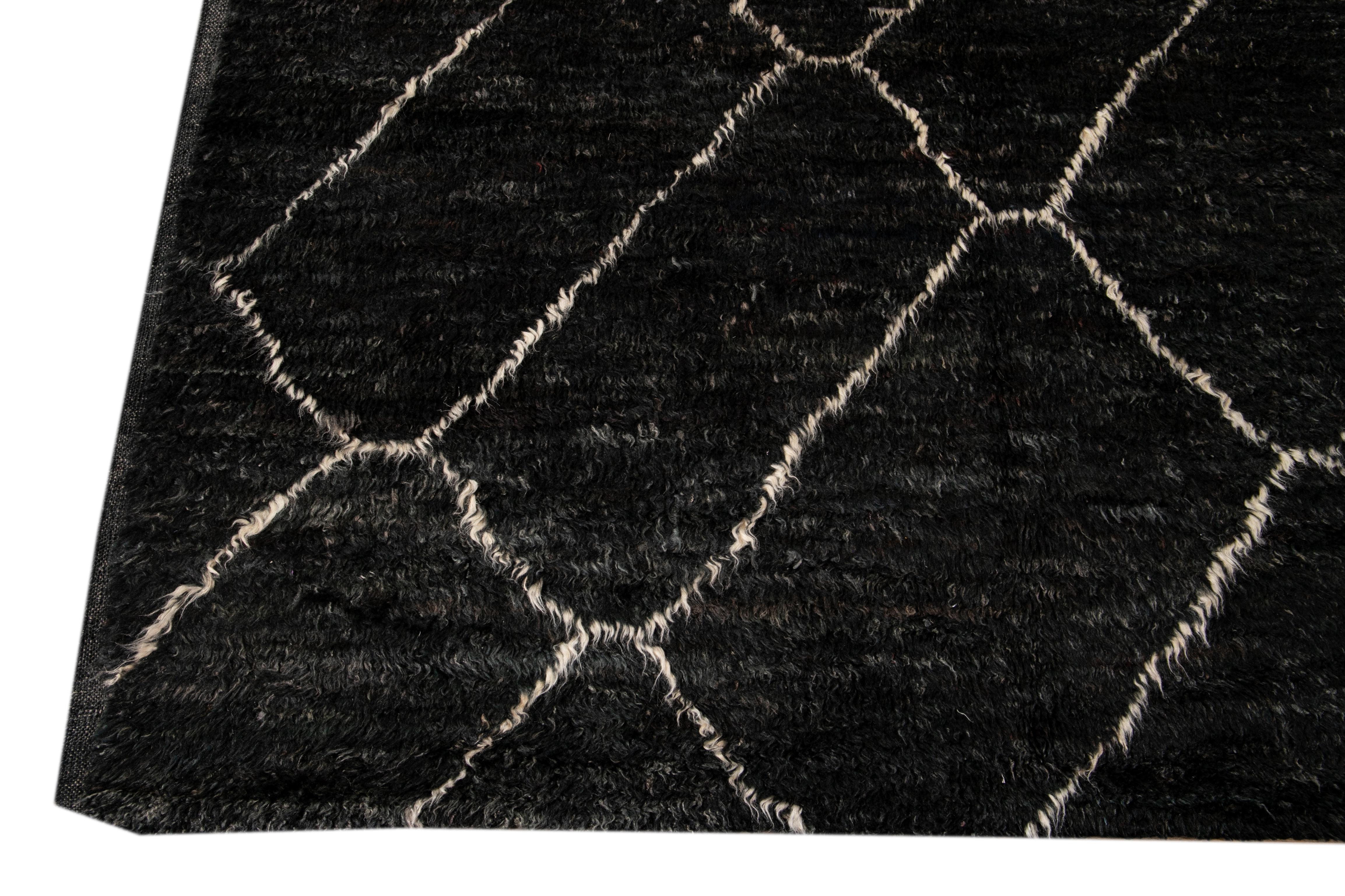 Large Black Modern Moroccan Style Wool Rug For Sale 6