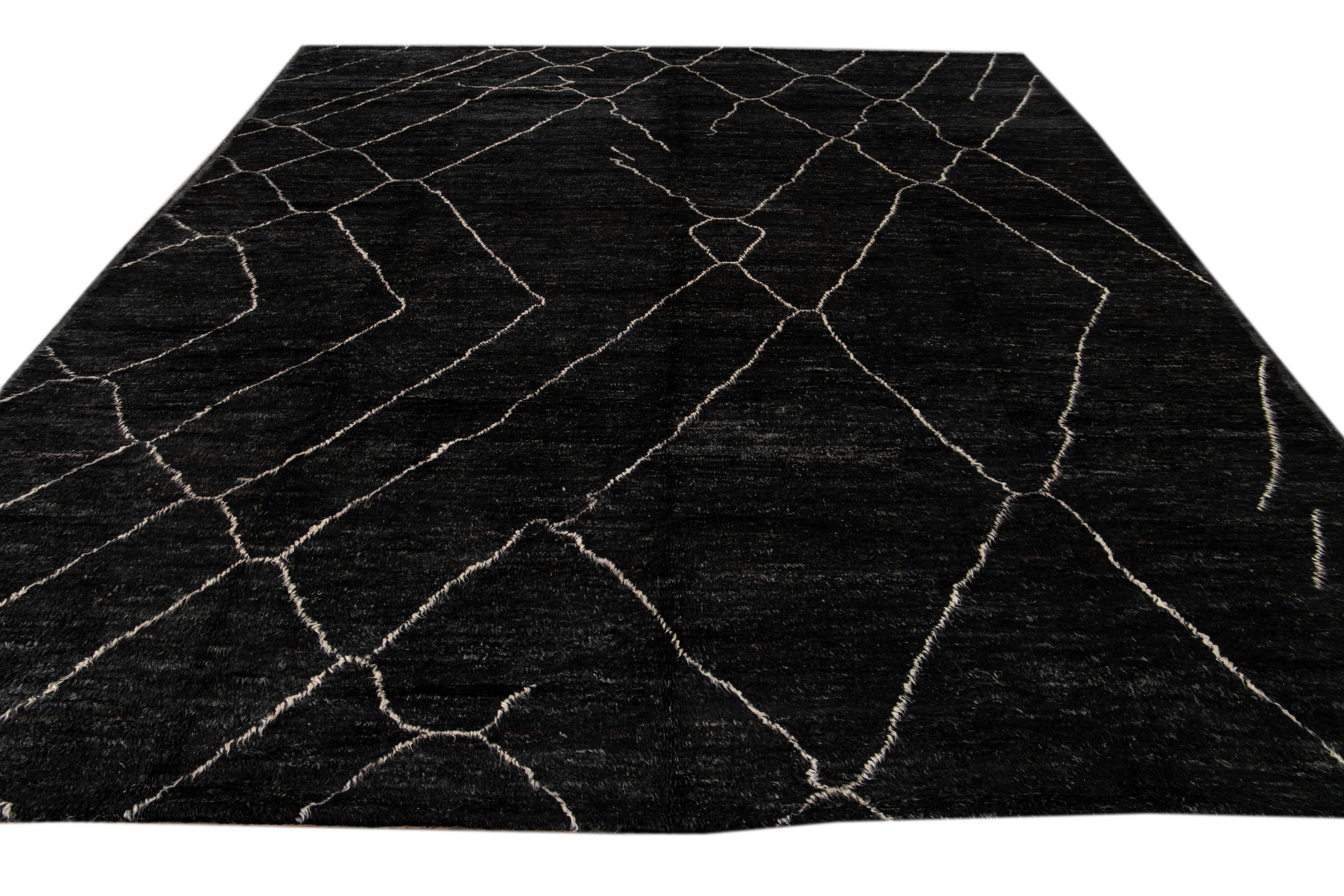 Hand-Knotted Large Black Modern Moroccan Style Wool Rug For Sale
