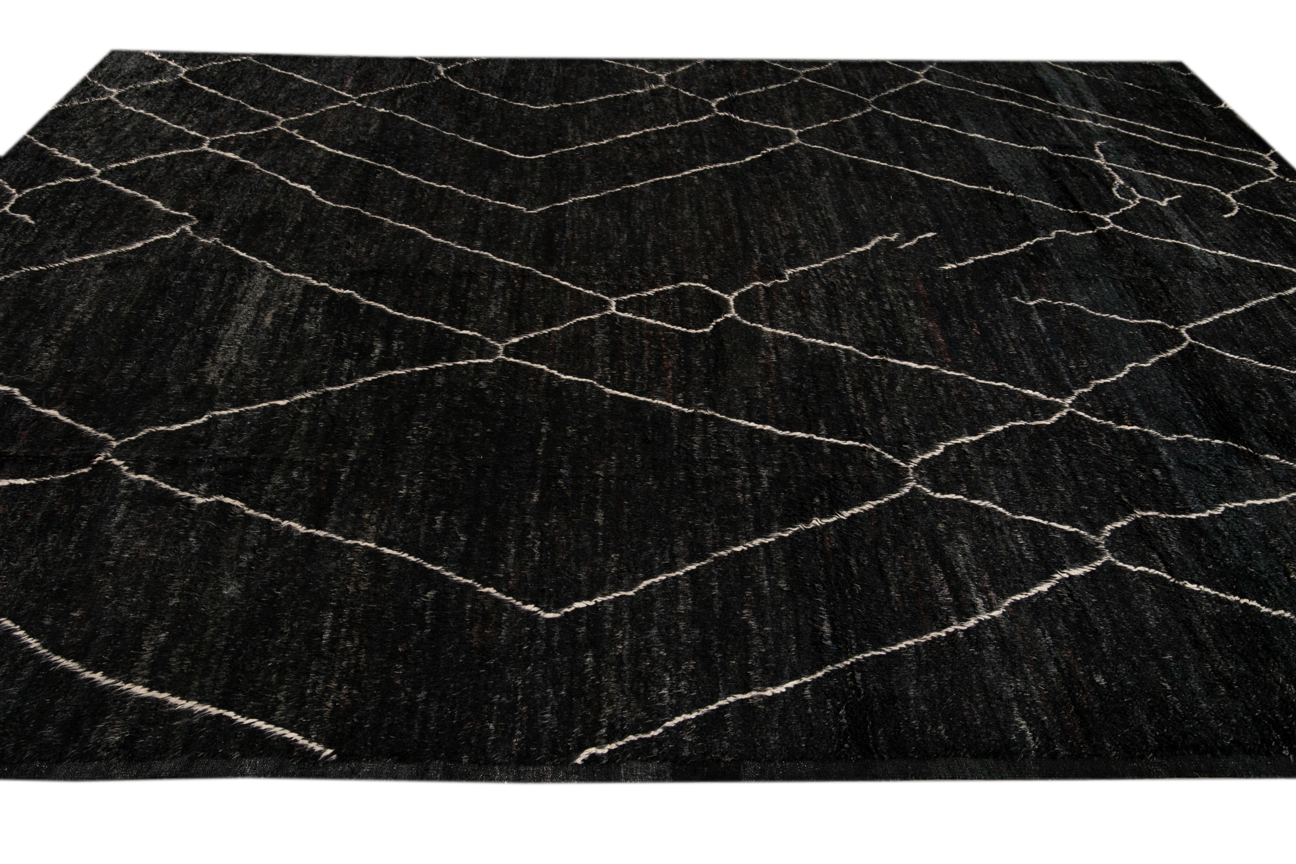 Large Black Modern Moroccan Style Wool Rug For Sale 3