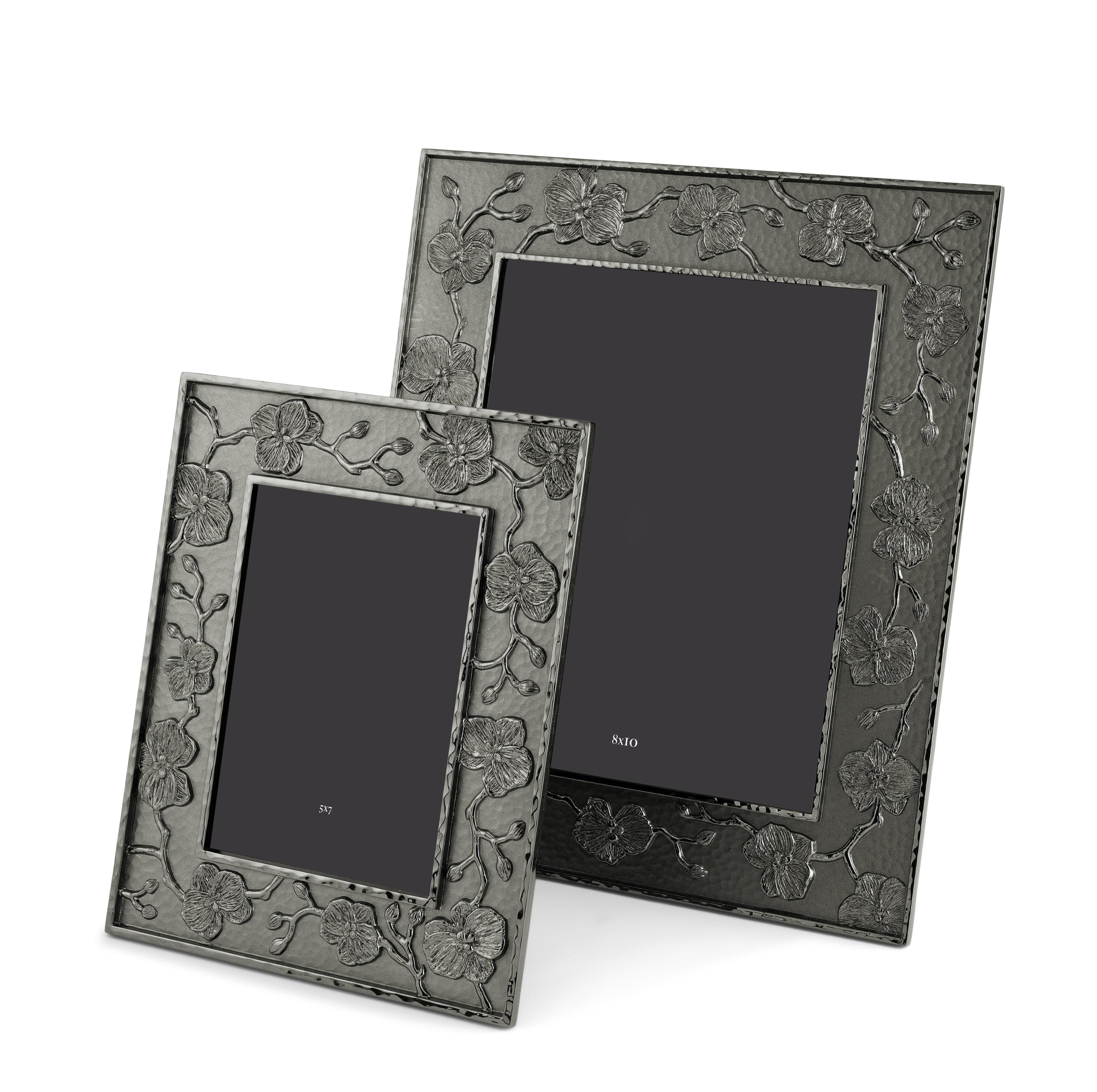 Marco de Fotos Grande de Metal Niquelado Negro con Motivo Floral Orquídea Negra. Francés en venta