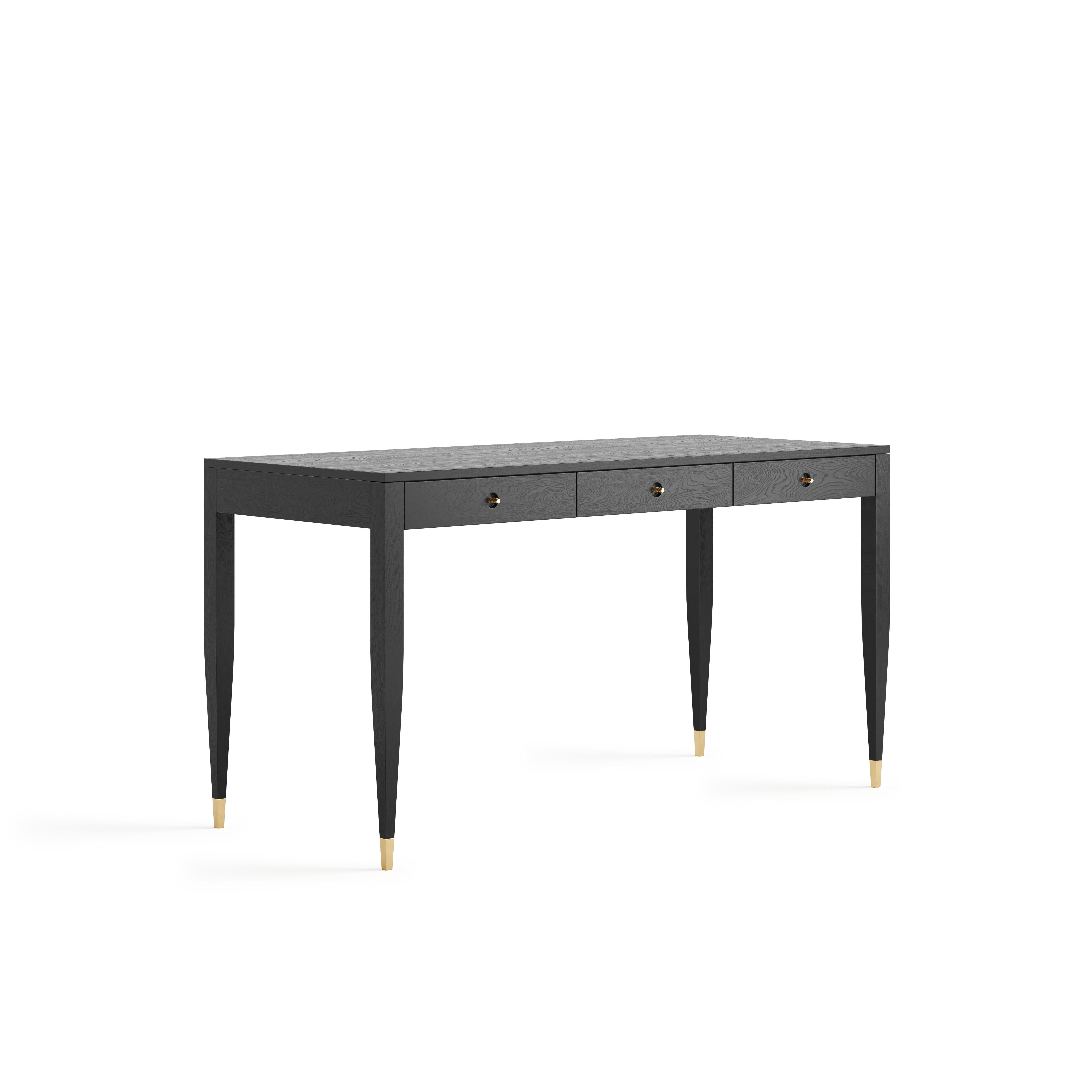 Desk in mid-century style with three drawers and brass handles. The tapered legs are finished with brass plated aluminum feet. Desk made of solid oak walnut wood and wood covered with natural oak veneer. Other wood on request. Perfect as office