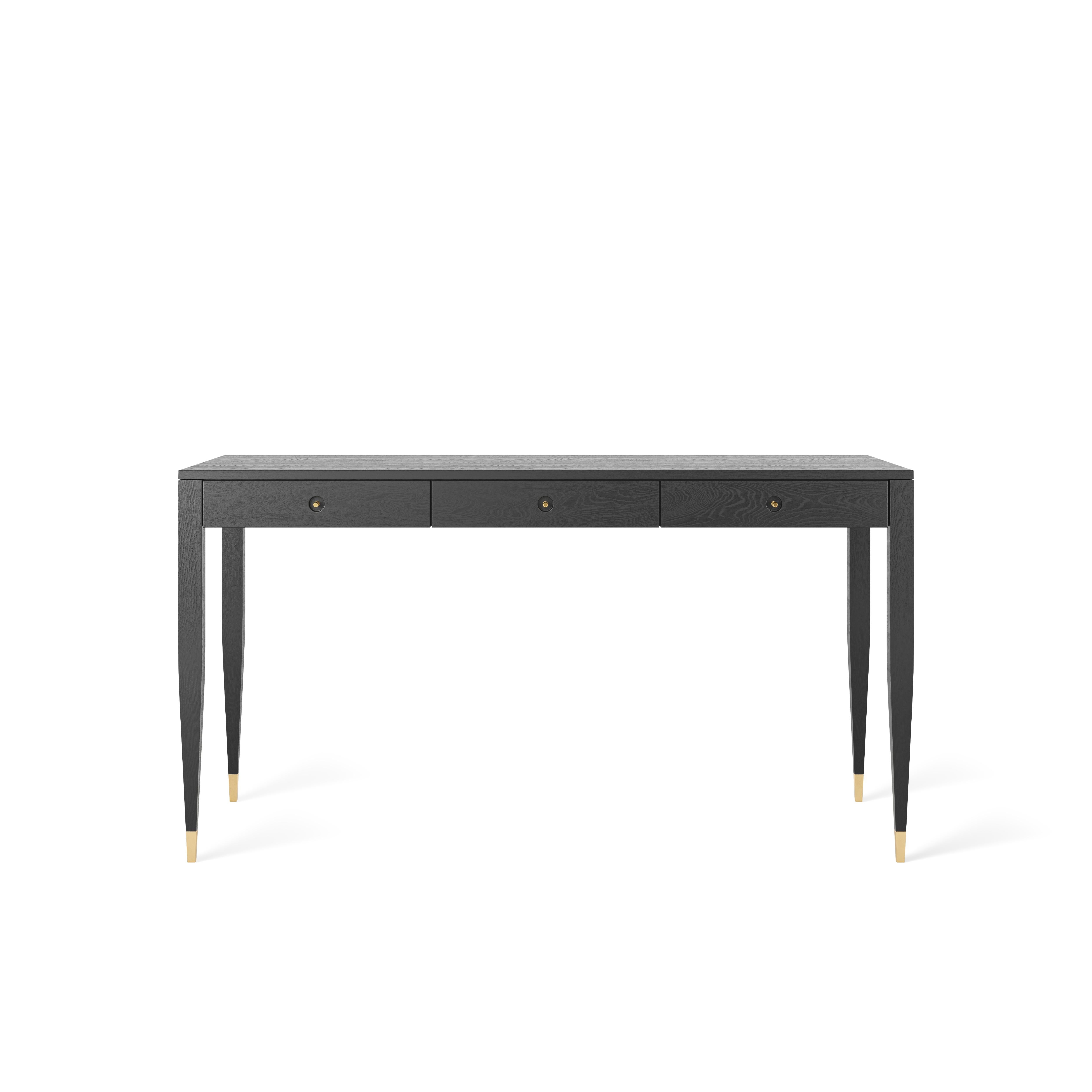 Polish Large black oak desk with three drawers in mid century modern style For Sale
