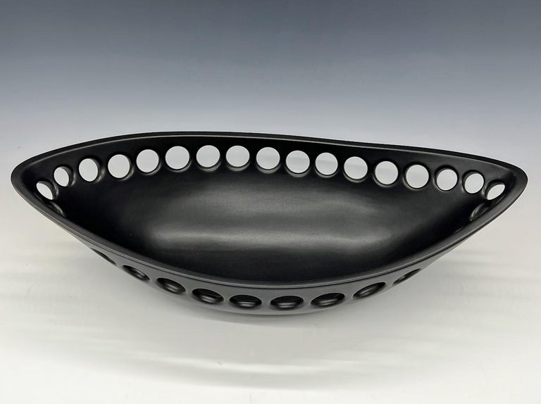 Large Black Oblong Ceramic Centerpiece Fruit Bowl with Satin Glaze, in