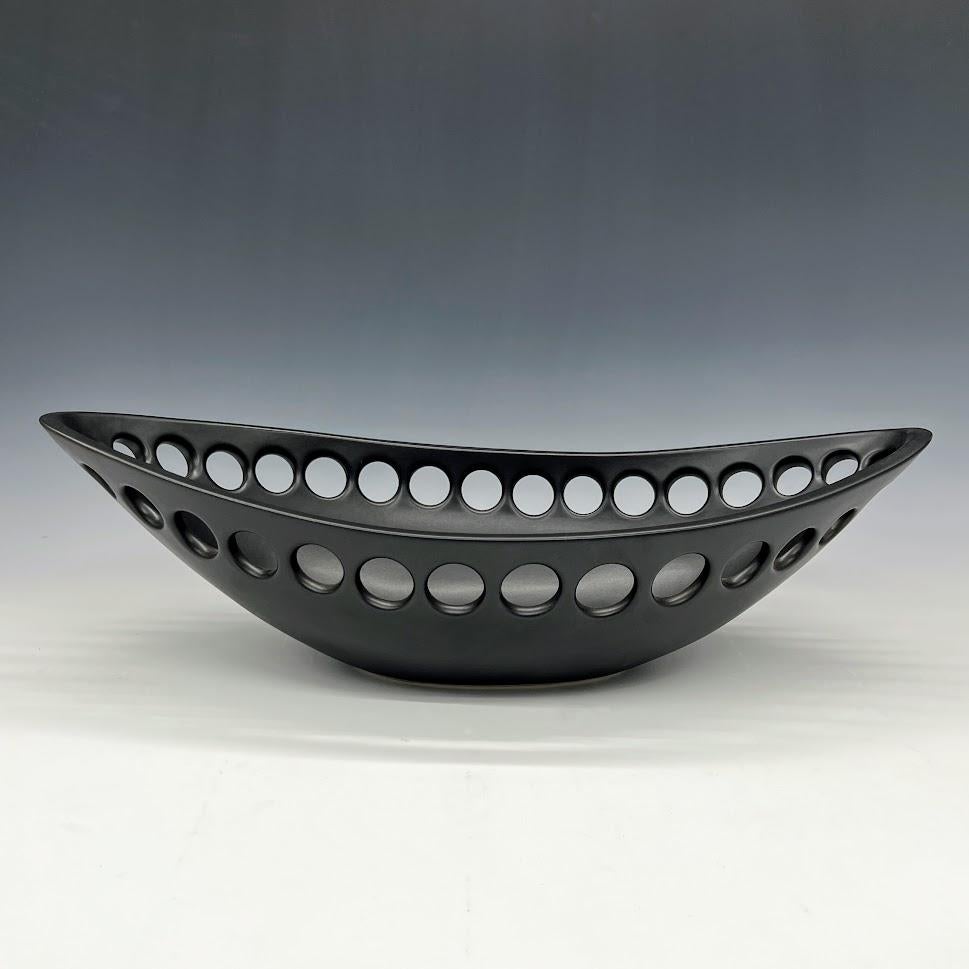 Arts and Crafts Large Black Oblong Ceramic Centerpiece Fruit Bowl with Satin Glaze, in Stock