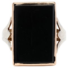 Vintage Large Black Onyx Rectangular Ring, 10k Yellow Gold, Ring Size 4.25 