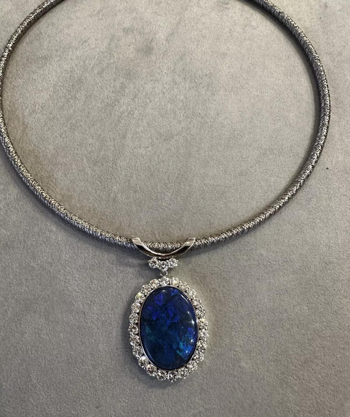 GIA Black Opal and Diamond Pendant Necklace in Platinum and 18k White Gold In Excellent Condition For Sale In La Jolla, CA