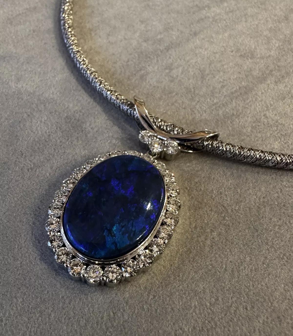 Women's GIA Black Opal and Diamond Pendant Necklace in Platinum and 18k White Gold For Sale