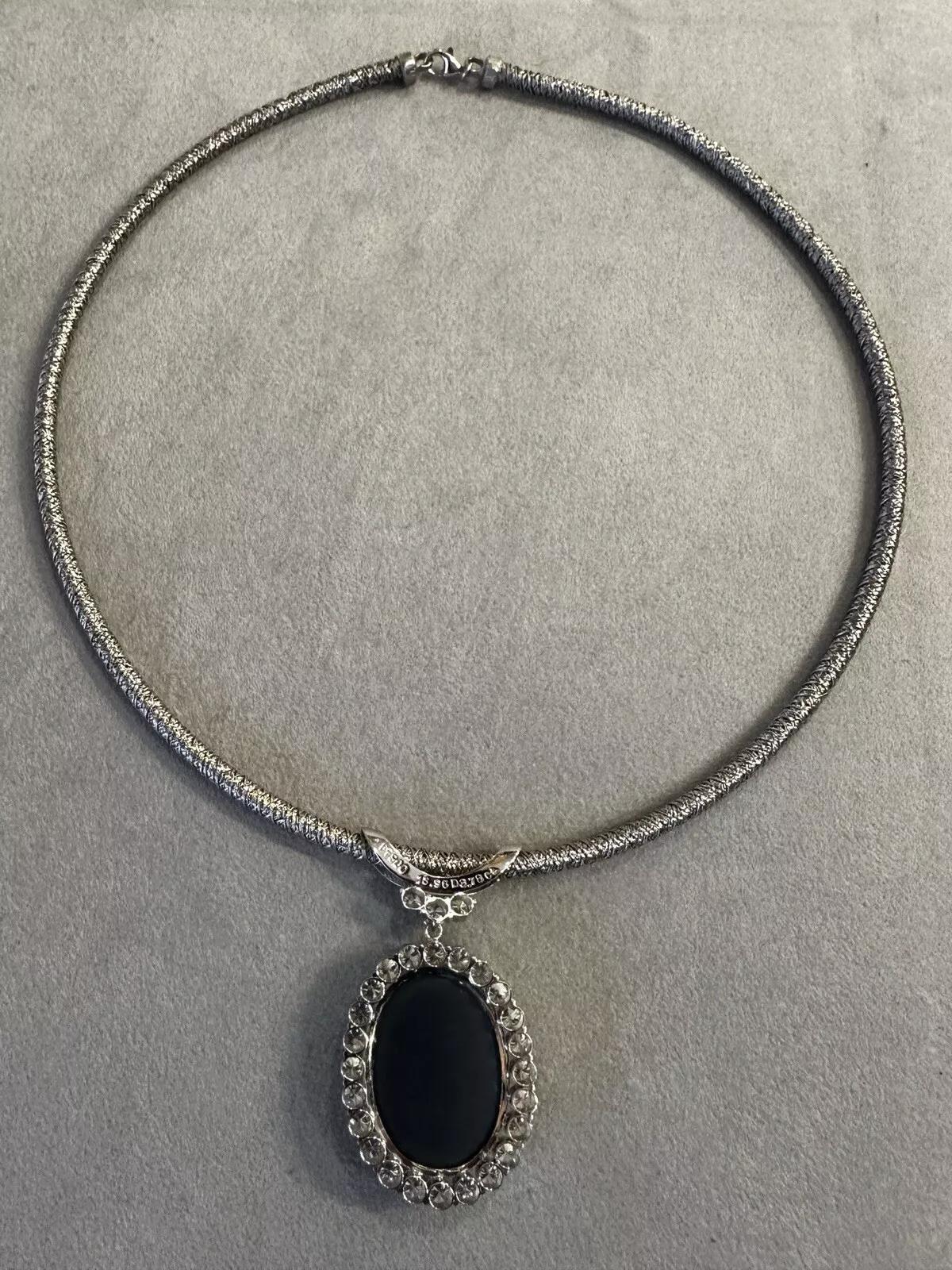 GIA Black Opal and Diamond Pendant Necklace in Platinum and 18k White Gold For Sale 1