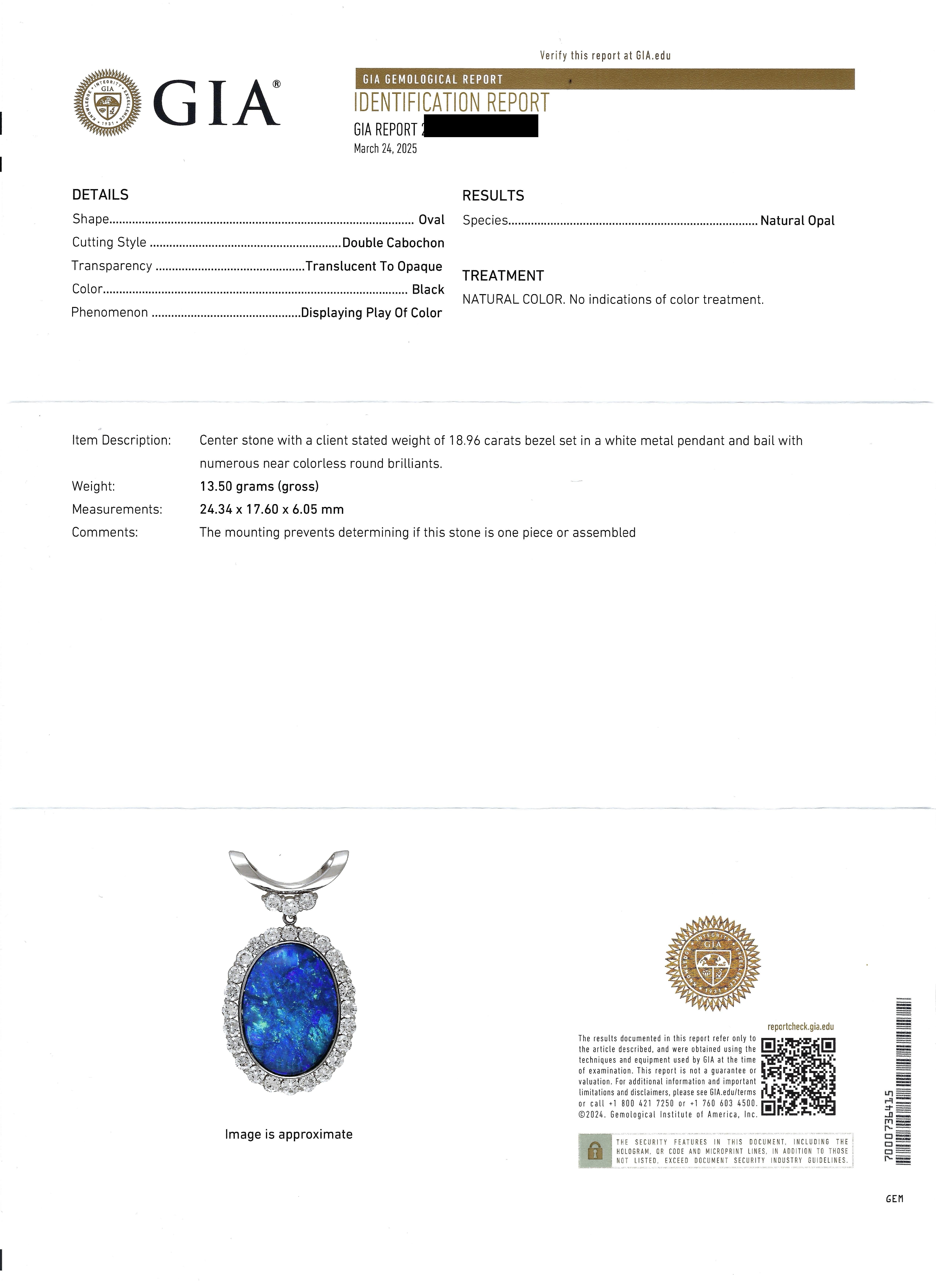 Oval Cut GIA Black Opal and Diamond Pendant Necklace in Platinum and 18k White Gold For Sale
