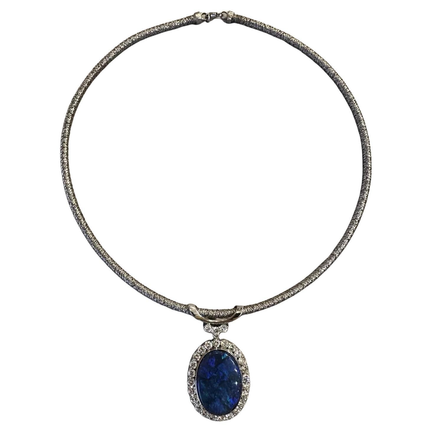 GIA Black Opal and Diamond Pendant Necklace in Platinum and 18k White Gold