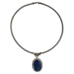 Collier pendentif en platine et or blanc 18 carats avec opale noire et diamants certifiés GIA