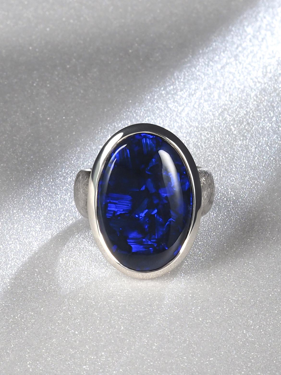 Large Black Opal ring Australian Inky Sterling Silver Matte finish Neon Blue For Sale 4